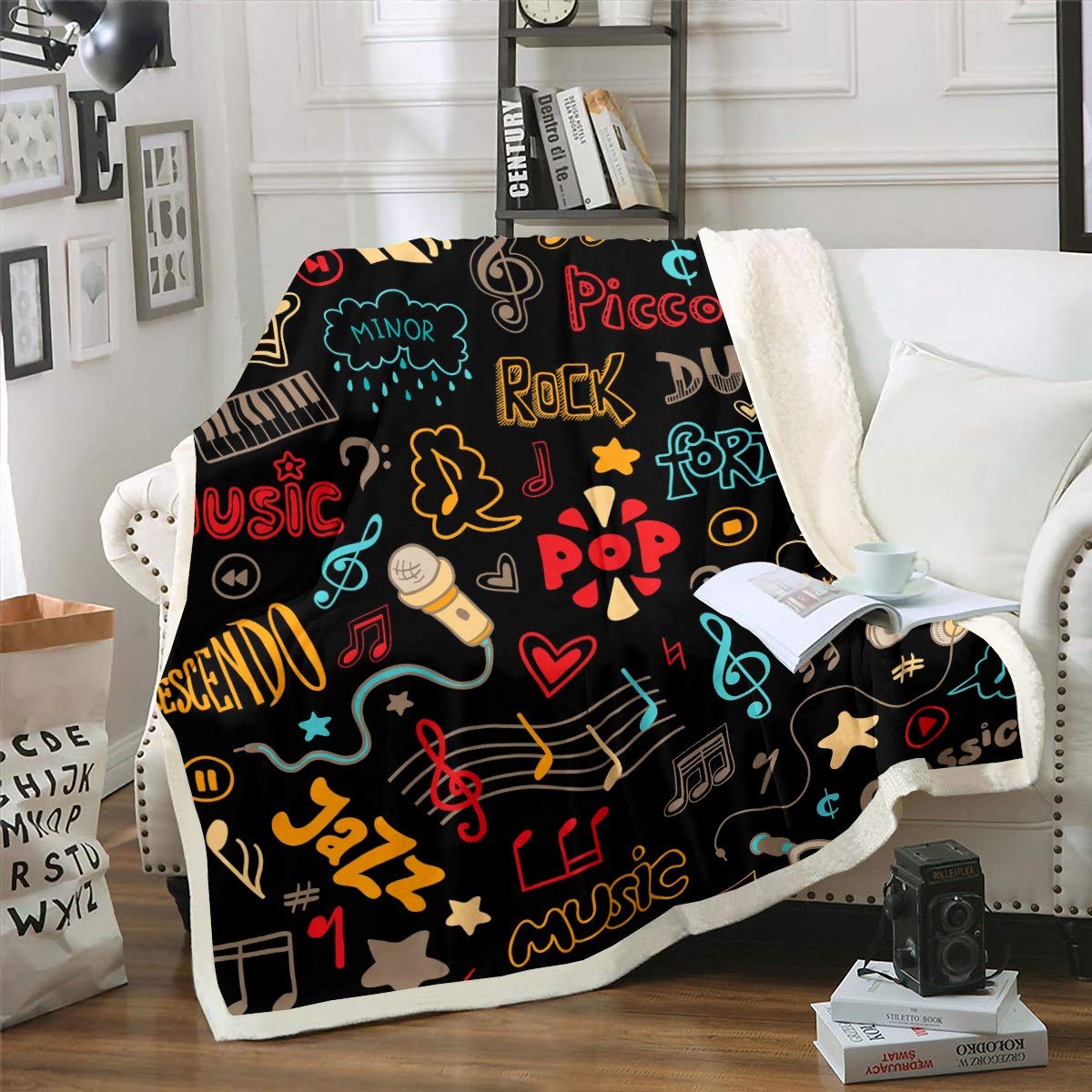 Loussiesd Melody Music Fleece Throw Blanket - Rock and Jazz Theme Sherpa for Kids, Boys, Girls - Plush Musical Fuzzy for Sofa, Bed, Couch - Double 60x79 Inch
