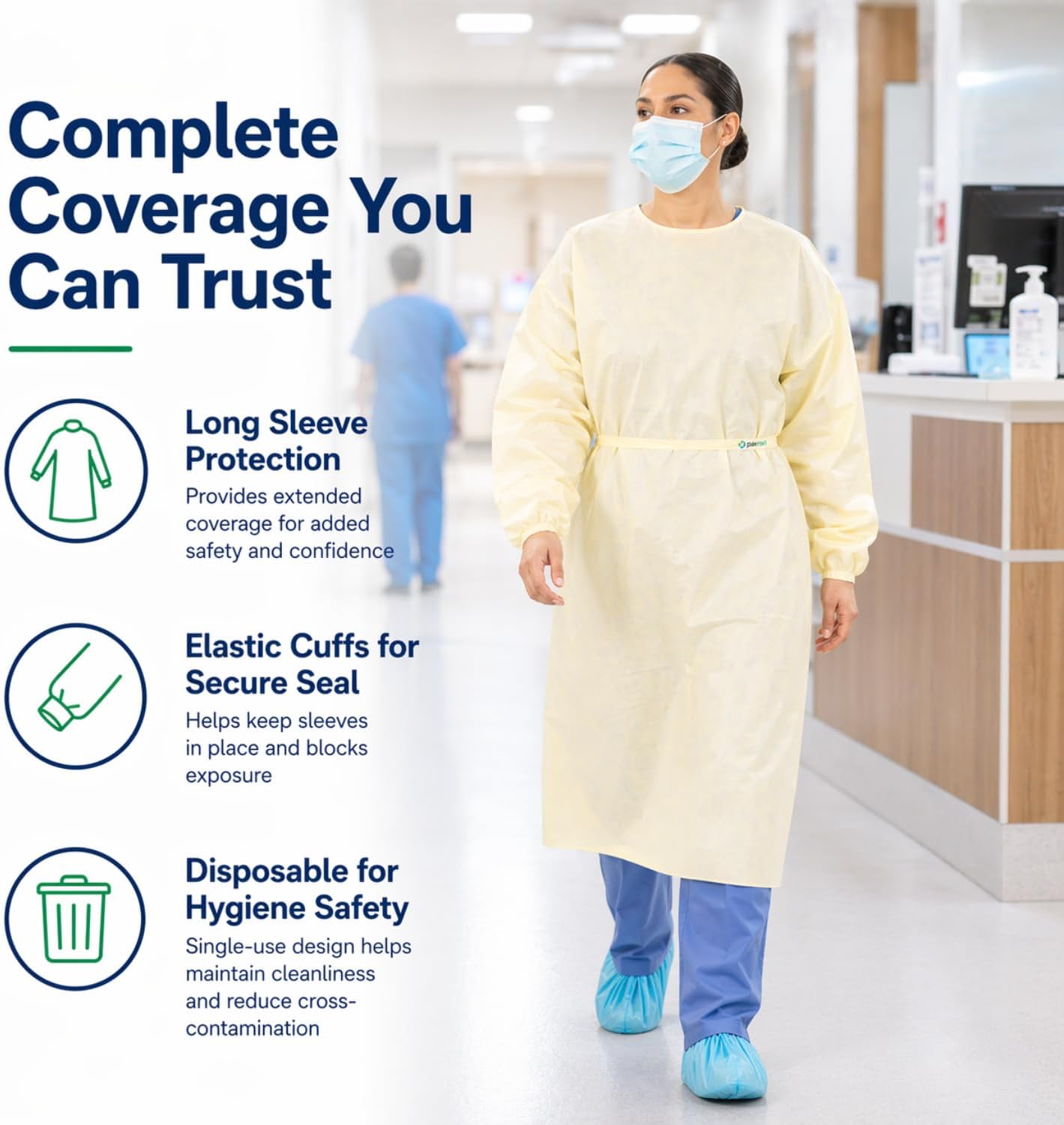 Disposable Isolation Gown 100 Pack 3X-Large Yellow SMS Medical Gowns with Elastic Cuffs, Neck and Waist Ties, Lightweight Breathable Protective Apparel for Hospital Dental Lab Use