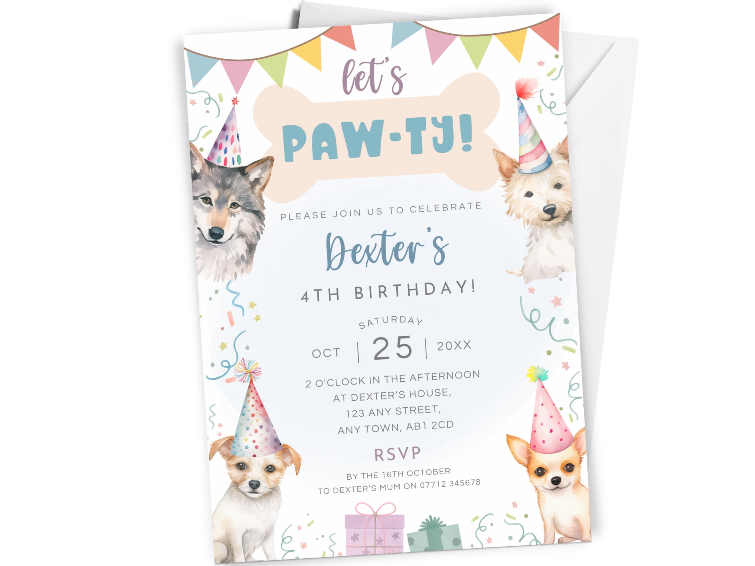 Love To Cherish 10 x Personalised Let's Paw-ty! Birthday Party Invitations with envelopes, Boys or Girls Dog Themed Birthday Invites, Colourful Dog Theme Invites