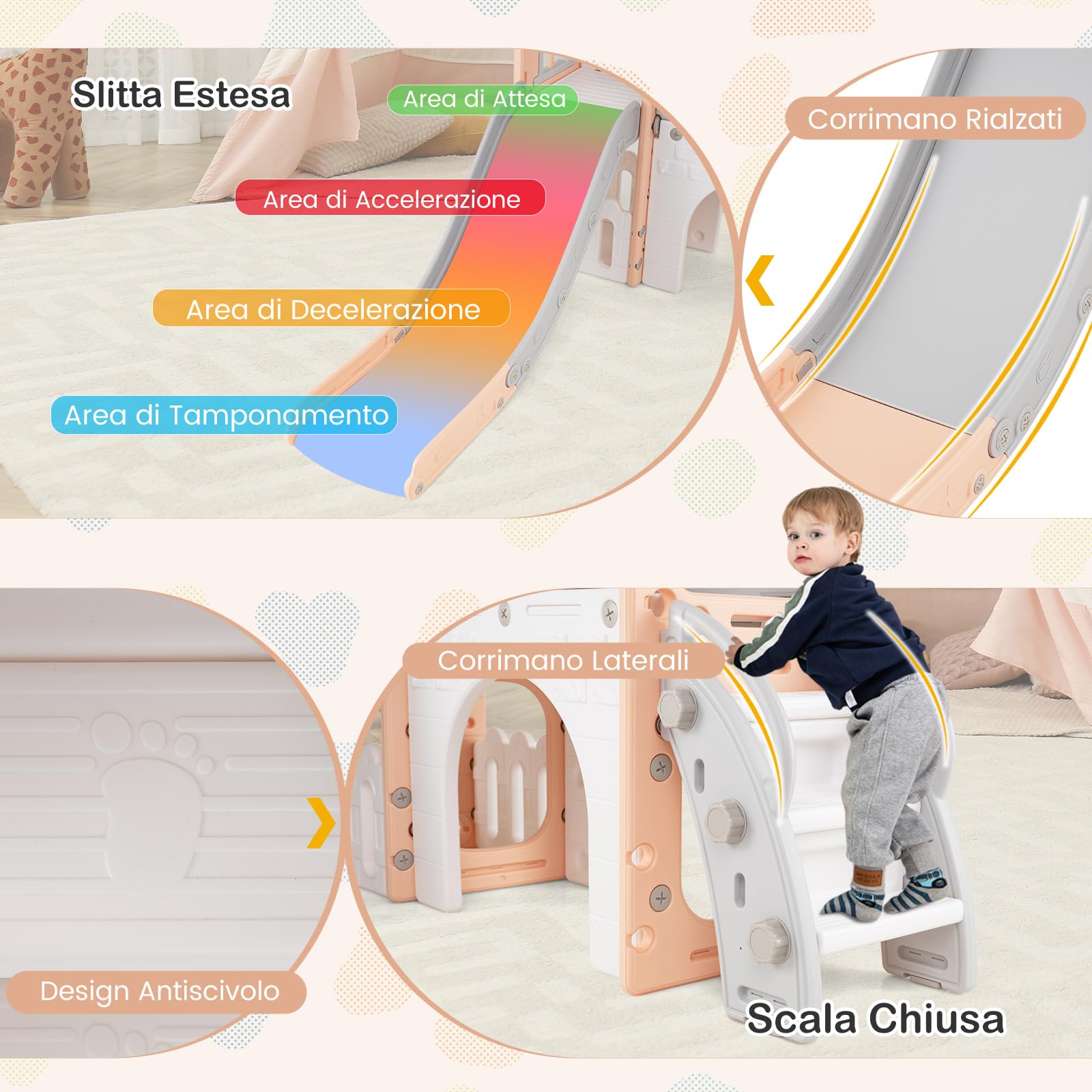 COSTWAY Scivolo per Bambini 9 in 1, Set da Gioco con Canestro da Basket, Telescopio, Volante, Corridoio, Tunnel e Spazio di Archiviazione, Scivolo da Interno ed Esterno per 1+ Anni (Rosa+Grigio)
