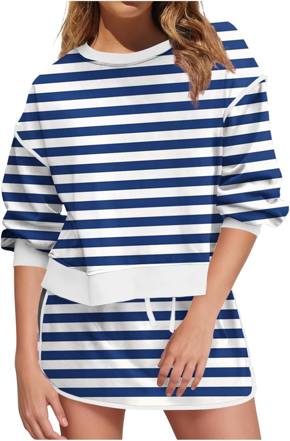 Womens Lounge Tracksuit Sets Striped Print 2 Piece Outfits Sweatshirt Athletic Casual Skirts with Shorts Underneath