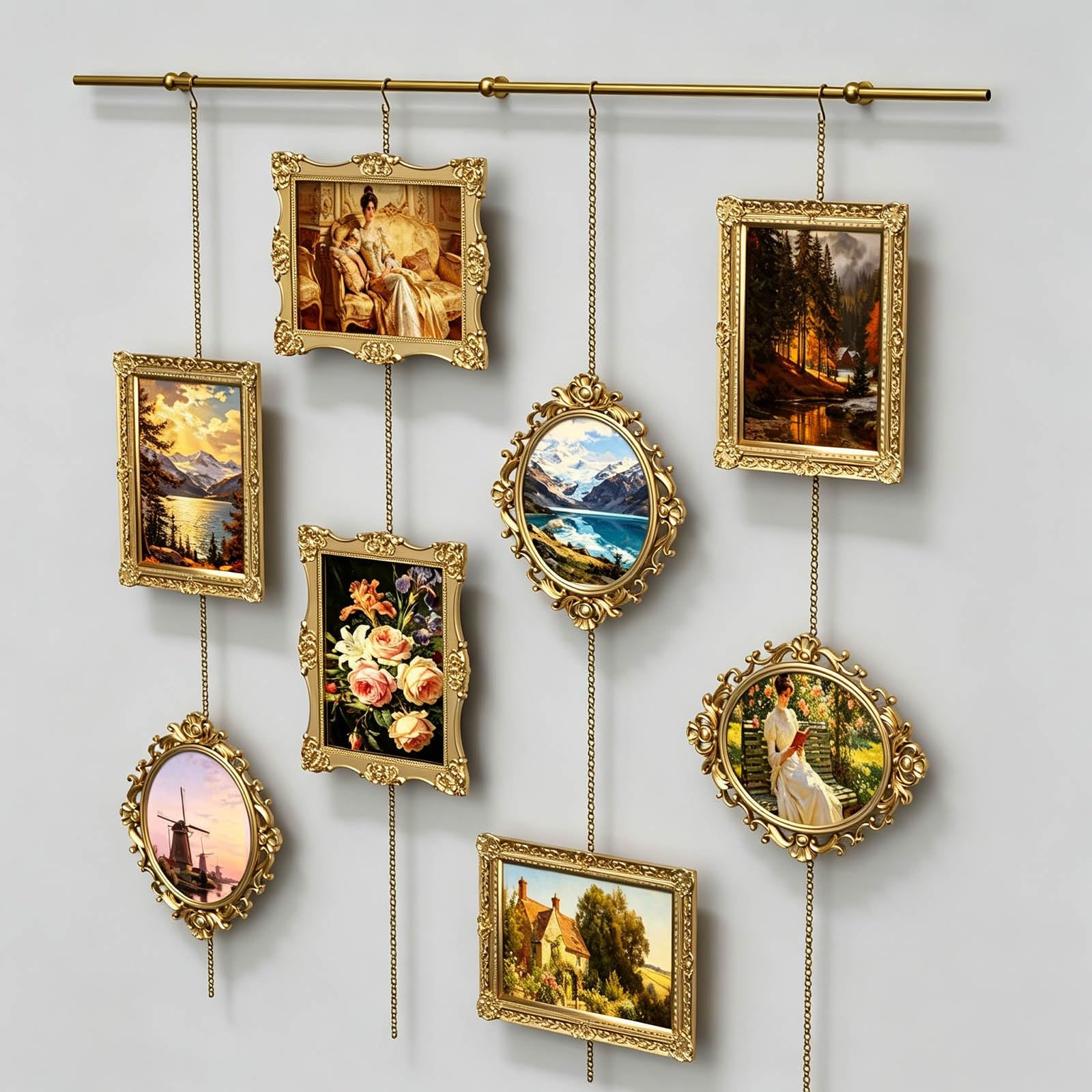 BiSaXieTa Picture Rail Hanging System, Brass Gallery Rail, Adjustable Chain and S Hooks, Indoor Art Picture Hanging Track, for Wall Decor Art Display(47.2in)