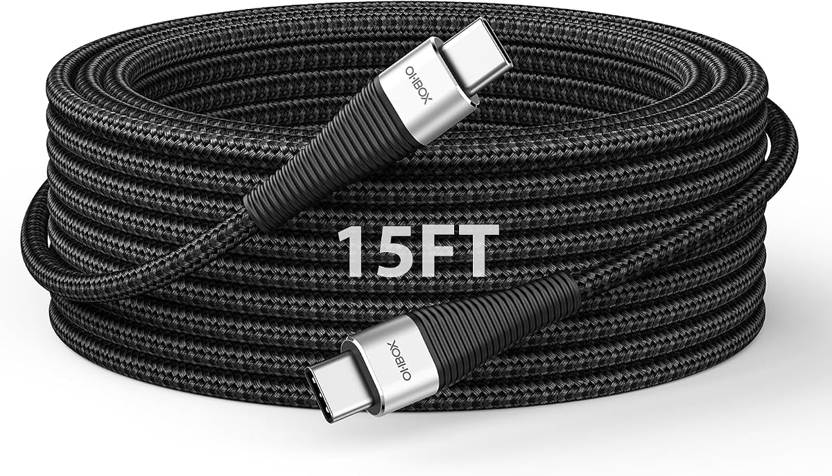 Extra Long USB C to USB C Cable 15FT 100W Type C Charger Fast Charging Cord | Heavy Duty Nylon Braided Charging Cable for iPhone 17 Pro Max 16 15, iPad Pro, Air, Mini, MacBook, Samsung, Tablet and Laptop
