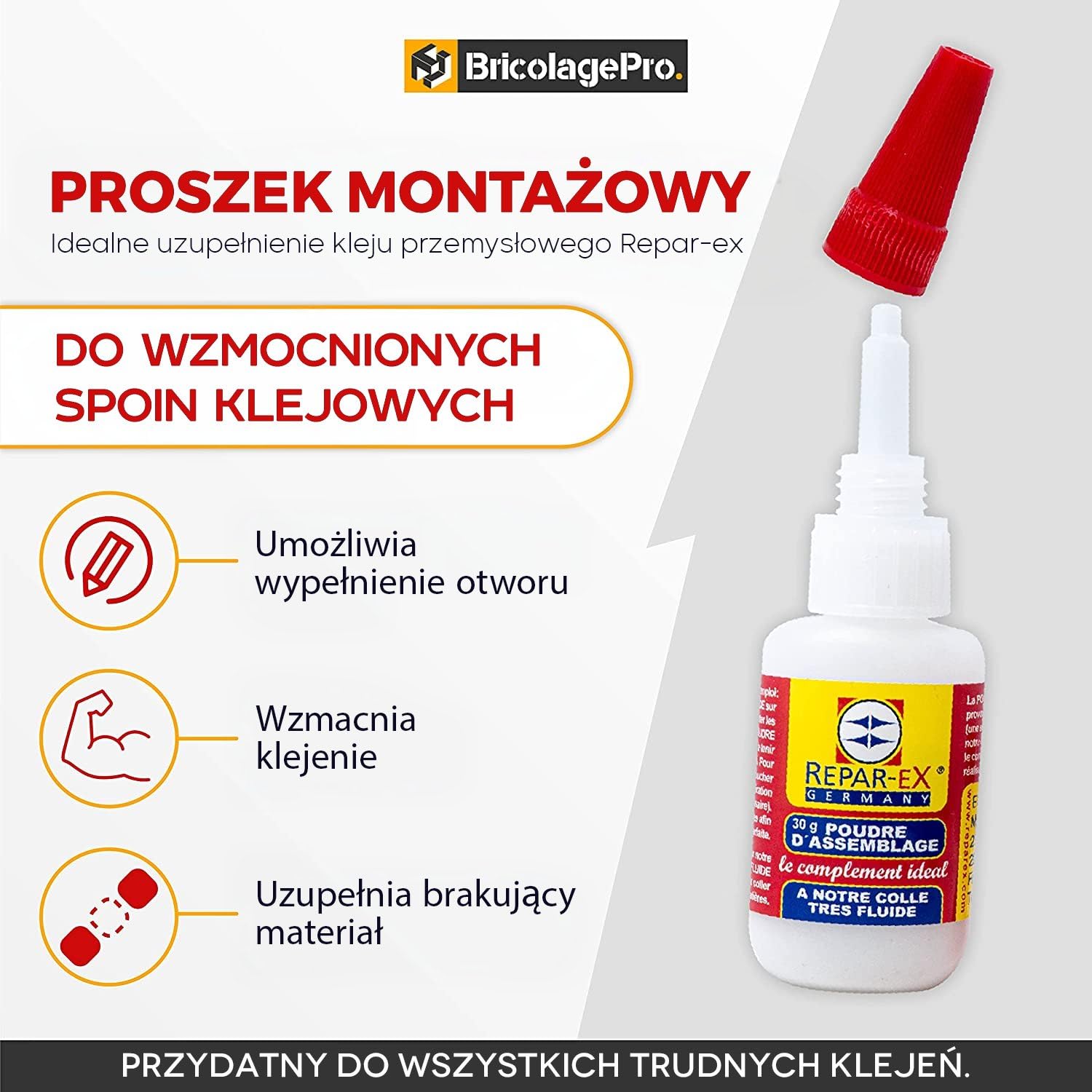 BRICOLAGEPRO - Zestaw kleju naprawczego 20g, 30g proszku do montażu i usuwania kleju 20ml - Wszystkie wsporniki