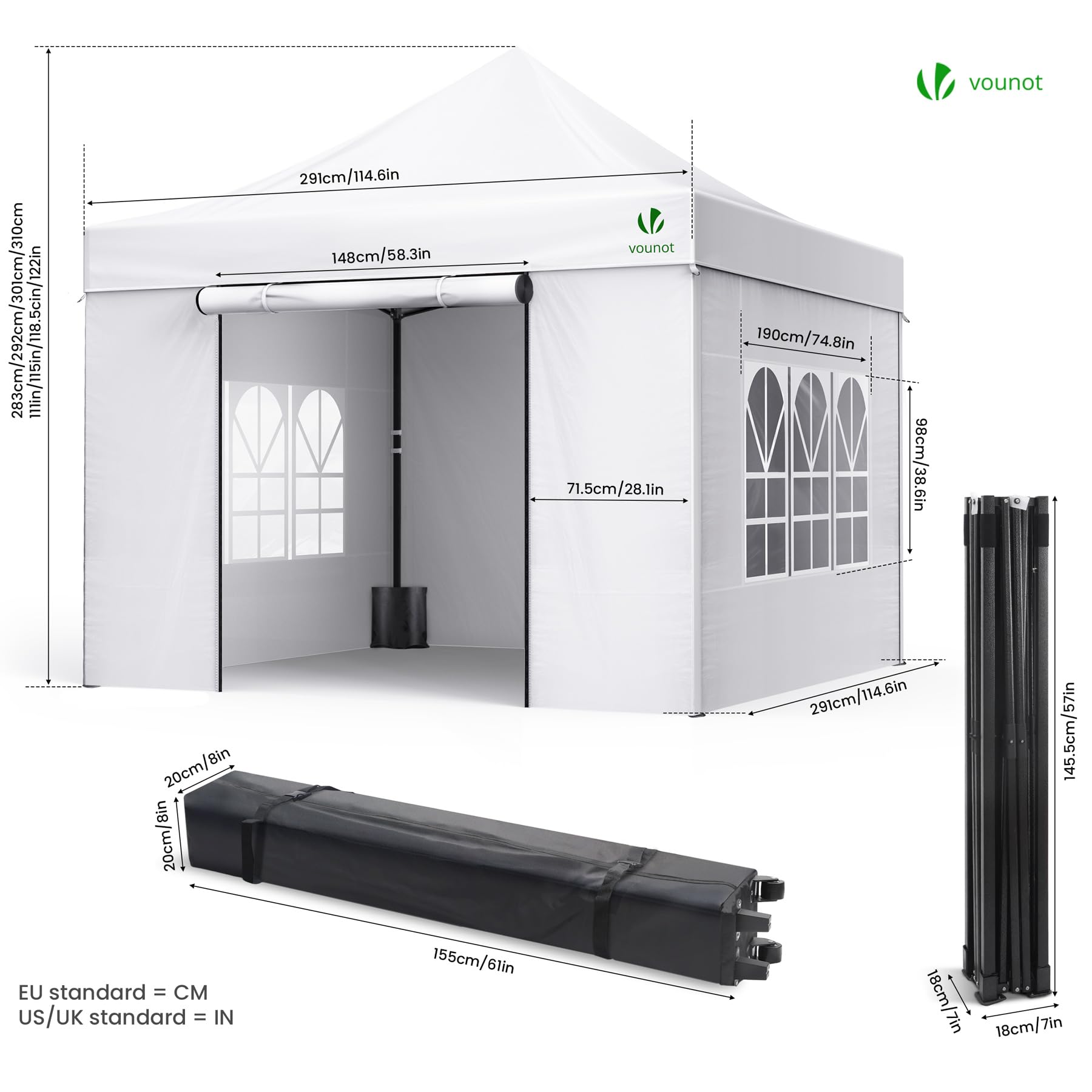 VOUNOT® Gazebo 3x3m Pieghevole con 4 Parti Laterali, Bianco