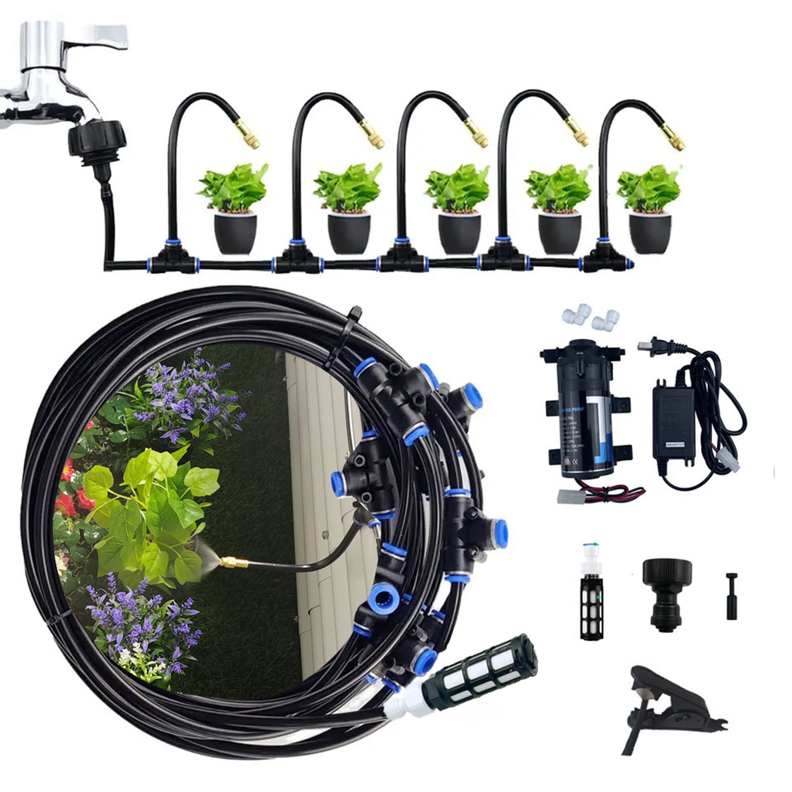 Zestaw systemu nawadniania kropelkowego, Zewnętrzny system chłodzenia mgłą Regulowane dysze Flex Linia zamgławiania Filtr wielowymiarowy(Misting System+pump,22m tube+36 nozzles)