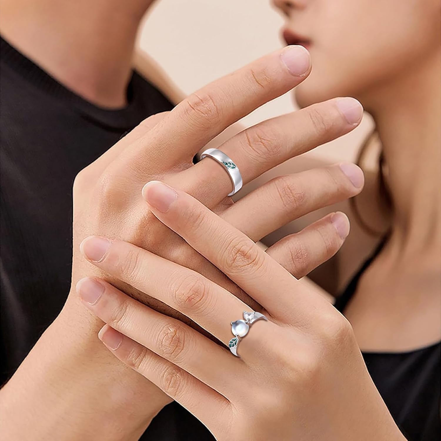 925 Sterling Silver Matching Promise Rings for Couples Him and Her, Moonstone Green Leaf Couple Ring Set, Wedding Valentine's Day Birthday Gifts for Her Wife Women