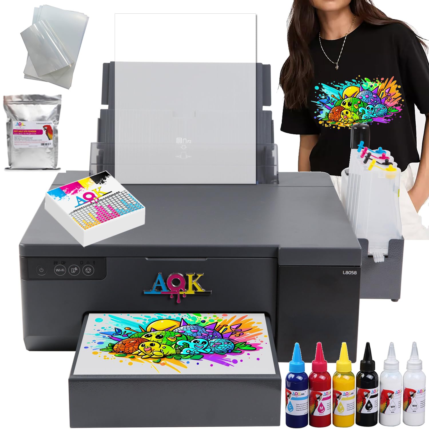 AOK L8058 Full color A4 size DTF Printer 8.3 inch High efficiency DTF Printer with xp 600 print head Timed White Ink stirring system and Professional