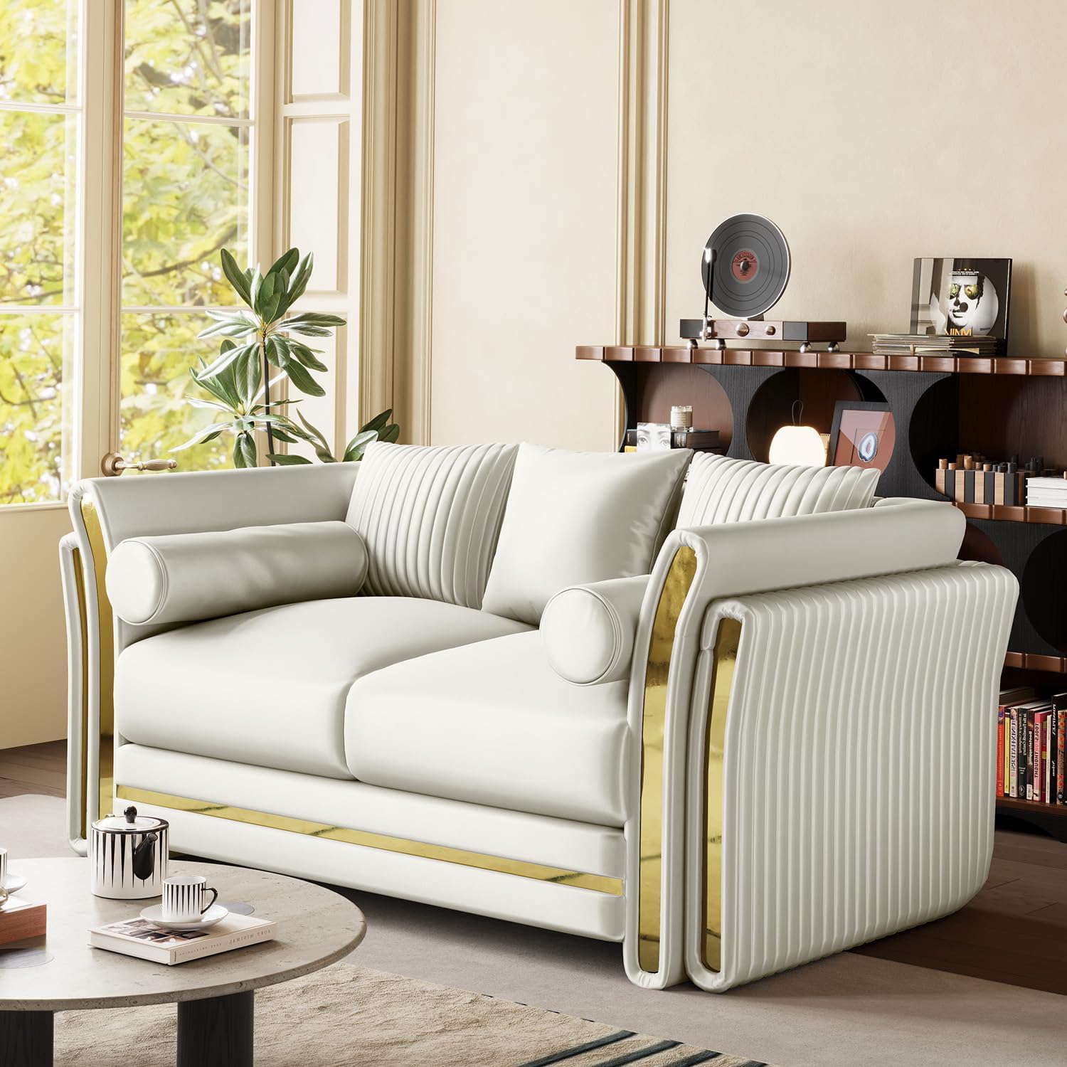 62" Luxury Chesterfield Sofa Velvet Tufted Couch Mid Century White and Gold Couch Vintage Victorian Sofa for Living Room, Loveseat with 3 Pillows & 2 Bolster Pillows, Beige White