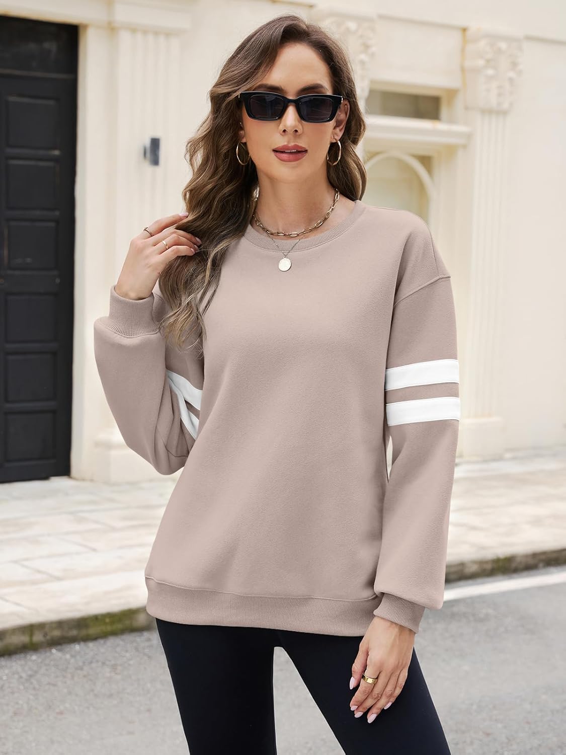 TICTICMIMI Women's Fleece Crewneck Sweatshirts Oversized Striped Long Sleeve Tops Fall Clothes - Image 5