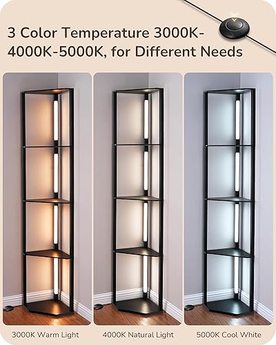 Miniatura 2 de EDISHINE Estante de exhibición de esquina de 64 pulgadas con luz, lámpara de pie moderna de esquina con estantes, 3CCT, lámpara de pie regulable sin