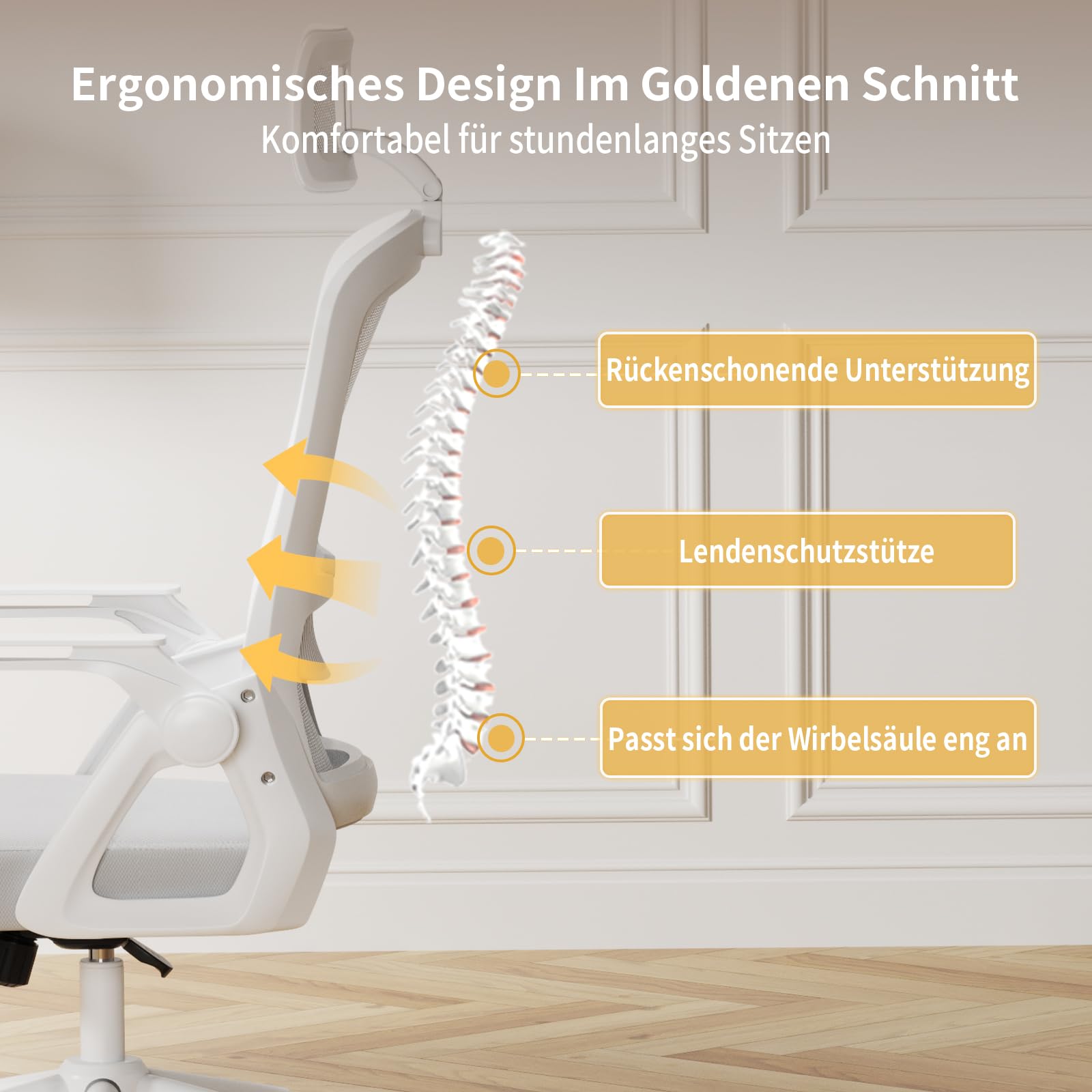naspaluro Bürostuhl Ergonomisch Schreibtischstuhl Grau | Atmungsaktiver Netzgewebe, Lordosenstütze, Höhenverstellung Computerstuhl, Verstellbarer Armlehnen Kopfstütze Drehstuhl
