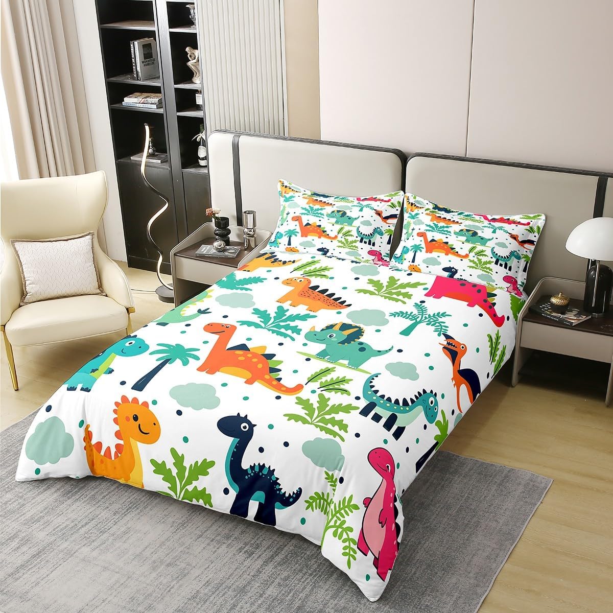 Manfei Kids Cartoon Dino Pure Cotton Duvet Cover Twin Size,Orange Blue Dinosaurs Soft Bedding Set,Boys Dinosaur Trees Youth Comforter Cover Bedding 2 Pieces (No Comforter),1 Pillowcase