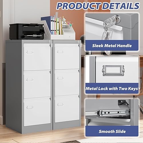Miniatura 6 de NODHM Archivador de 3 cajones con cerradura, archivadores de metal, archivador pequeño vertical de acero con cerradura para organización de oficina