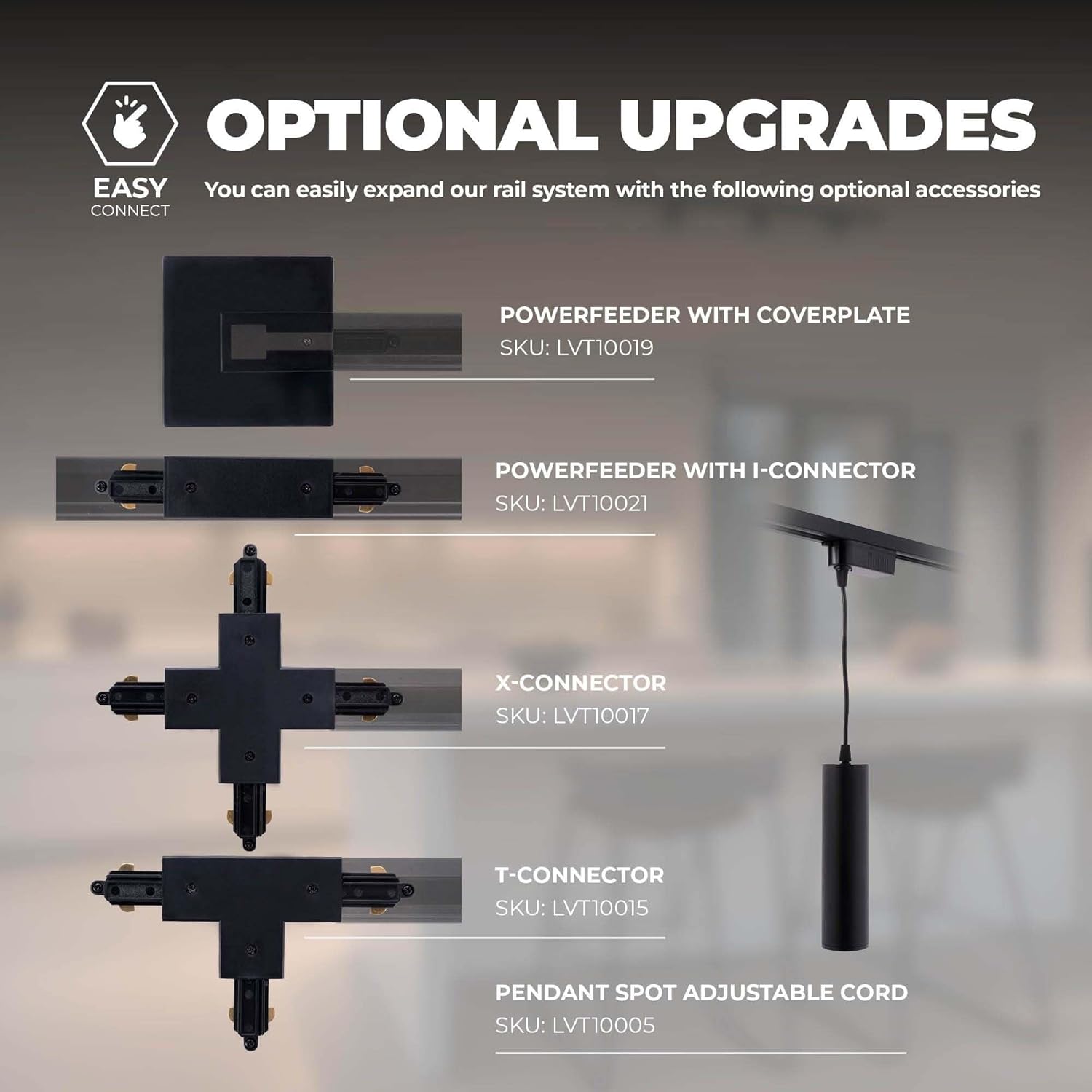 Image displaying various optional accessories for the Ledvion track lighting system, such as power feeders, X-connectors, T-connectors, and adjustable pendant spots.