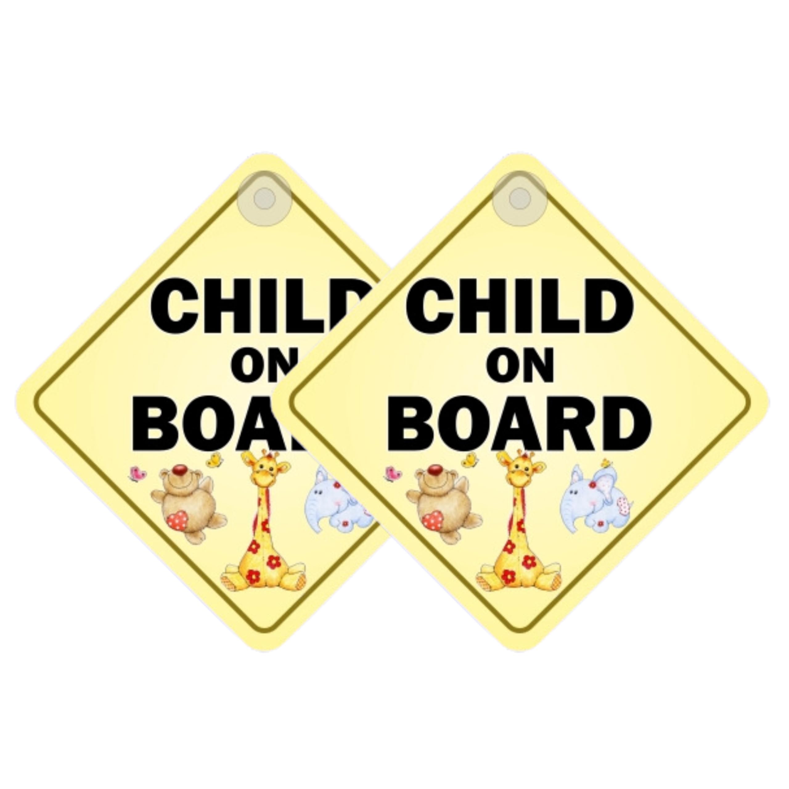 Child on Board Car Sign – Twin Pack, 14x14cm Screen Printed Vinyl, Baby on Board Sticker for Car, Window Stickers for Cars, Easy Fit with Window Sucker, Car Accessories for Kids