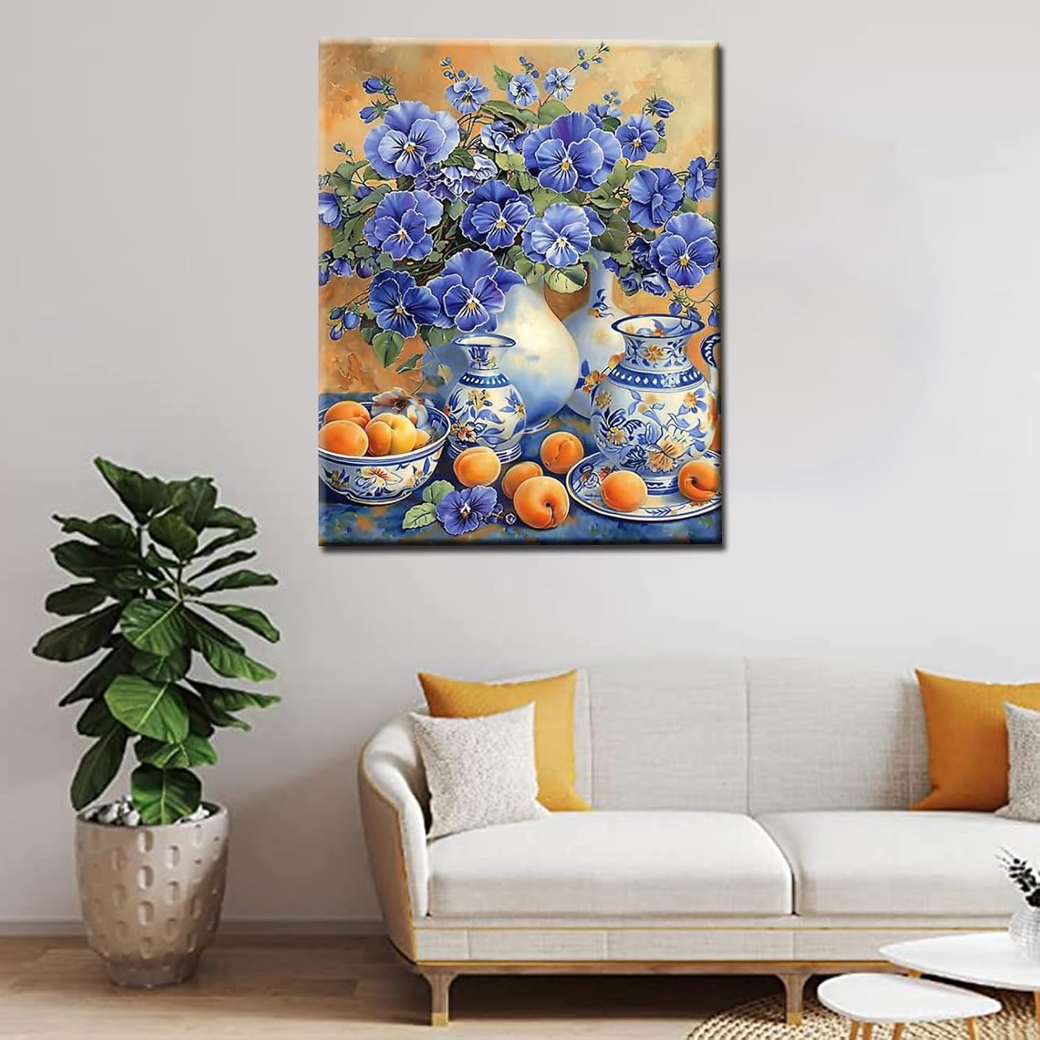 Tucocoo Flower Paint by Bumbers for Adults Beginner Bule Flowers Vase DIY Paint by Numbers Acrylic Paint Canvas Vintage Exquisite Bedroom Decor Painting Kits Flower Furit Art 16x20 Inch （DIY Frame ）