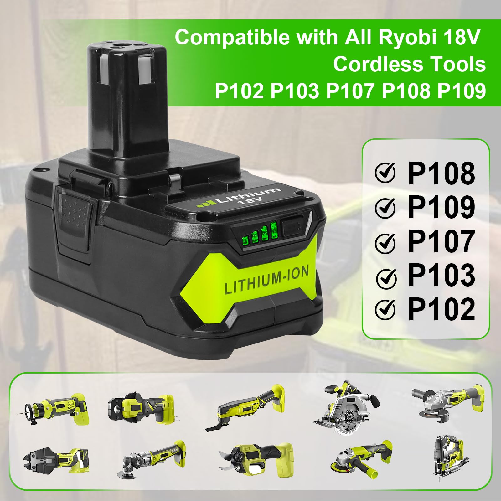 2 Pack 6000mAh 18V Lithium Battery Compatible with Ryobi 18V ONE+ Cordless Power Tools, Fits P102 P103 P104 P105 P107 P108 P109 - 5