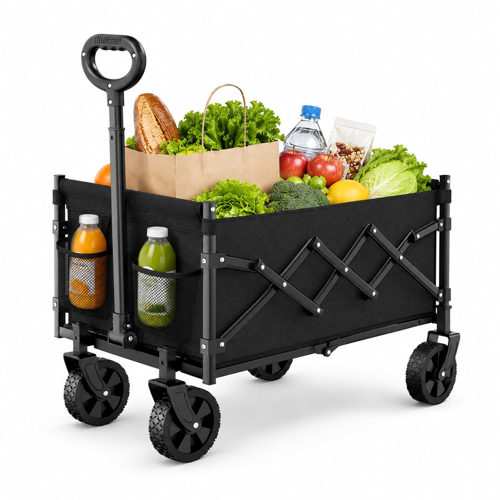 85L Folding Garden Trolley, Lightweight Collapsible Wagon Cart with Wheels, 100kg Load Capacity, Adjustable Handle & Cup Holders for Shopping, Camping, Picnic, Garden, Beach & Sports, Black