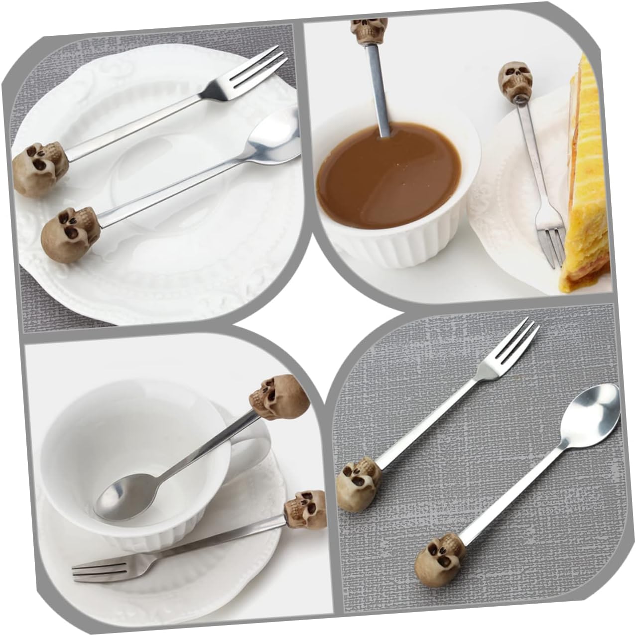 VALICLUD Skull Design Stainless Steel Fork Spoon Compact Halloween Party Tableware Smooth Edges Reusable Dessert Fruit Appetizer Cutlery for Holiday Use