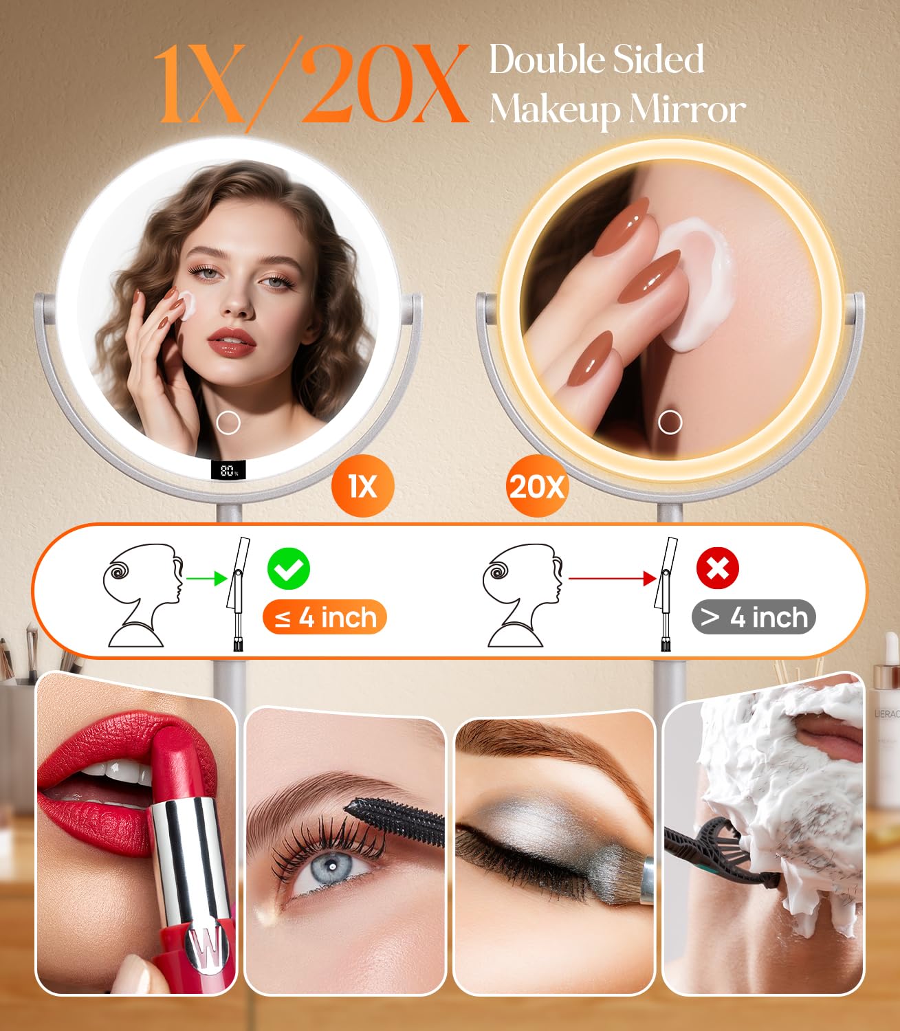 Gospire Miroir de maquillage lumineux réglable en hauteur de 20,3 cm avec lumières et grossissement 1X/20X - Argent