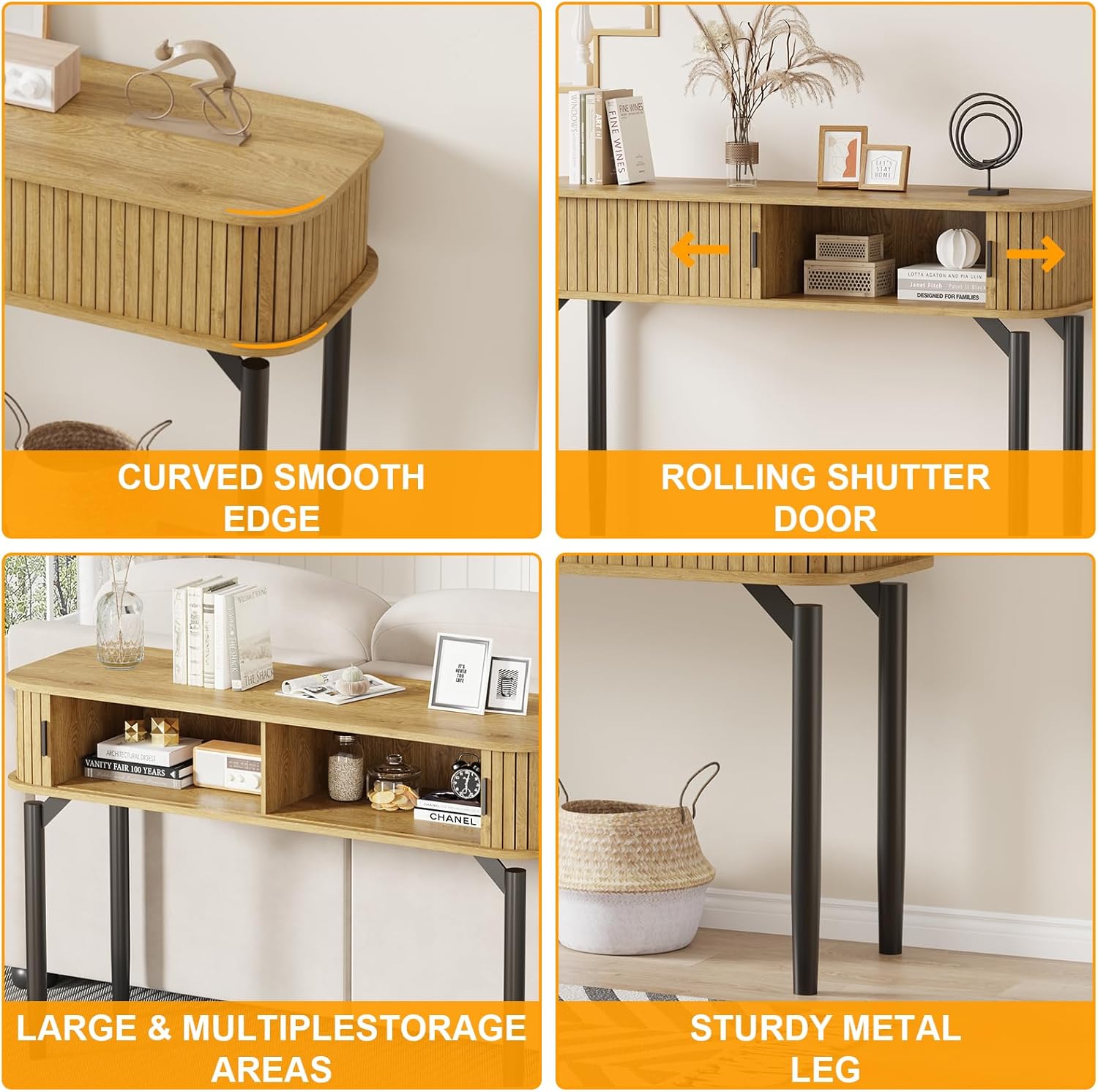 GarveeHome Fluted Console Table with Storage, Wood Sofa Table with Sliding Door, Entryway Table with Storage Space for Living Room, Couch, Hallway, Oak