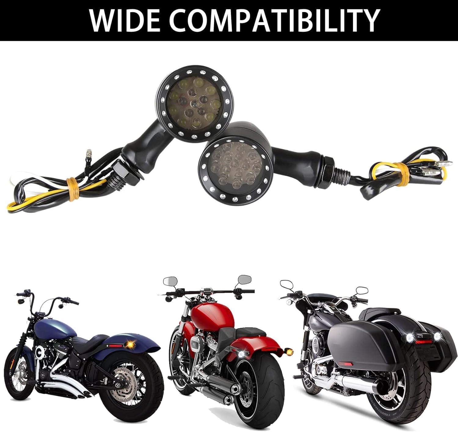 DREAMIZER Black Motorcycle Turn Signals 15 LEDs Bullet Front Rear Indicator Lights Amber White Light Compatible with Harley Cruiser Softail StreetBike Chopper Bobber Cafe Racer