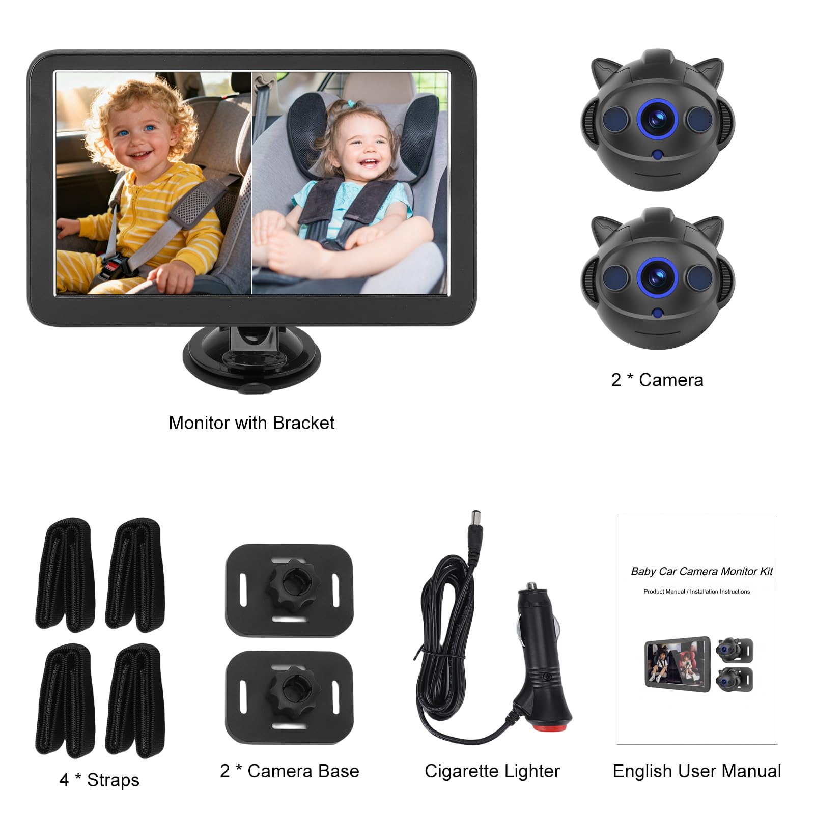 Kamera Samochodowa dla Dzieci 9 Cali 1080P Dwukanałowy Monitor dla siedzeń Ustawionych Tyłem do Kierunku Jazdy Dzieci Niemowlęta Zwierzęta ABS Rozmiar ekranu: 9 Cali
