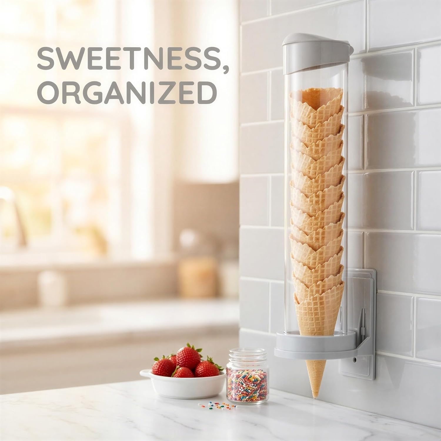 2PCS Ice Cream Cone Dispenser,16'' Resturant Waffle Ice Cream Cone Holder Stand (Commercial), Fit for Most Cone & Waffle Cone on Market, Self Adhesive Wall Mount Ice Cream Machine, Easy to Clean