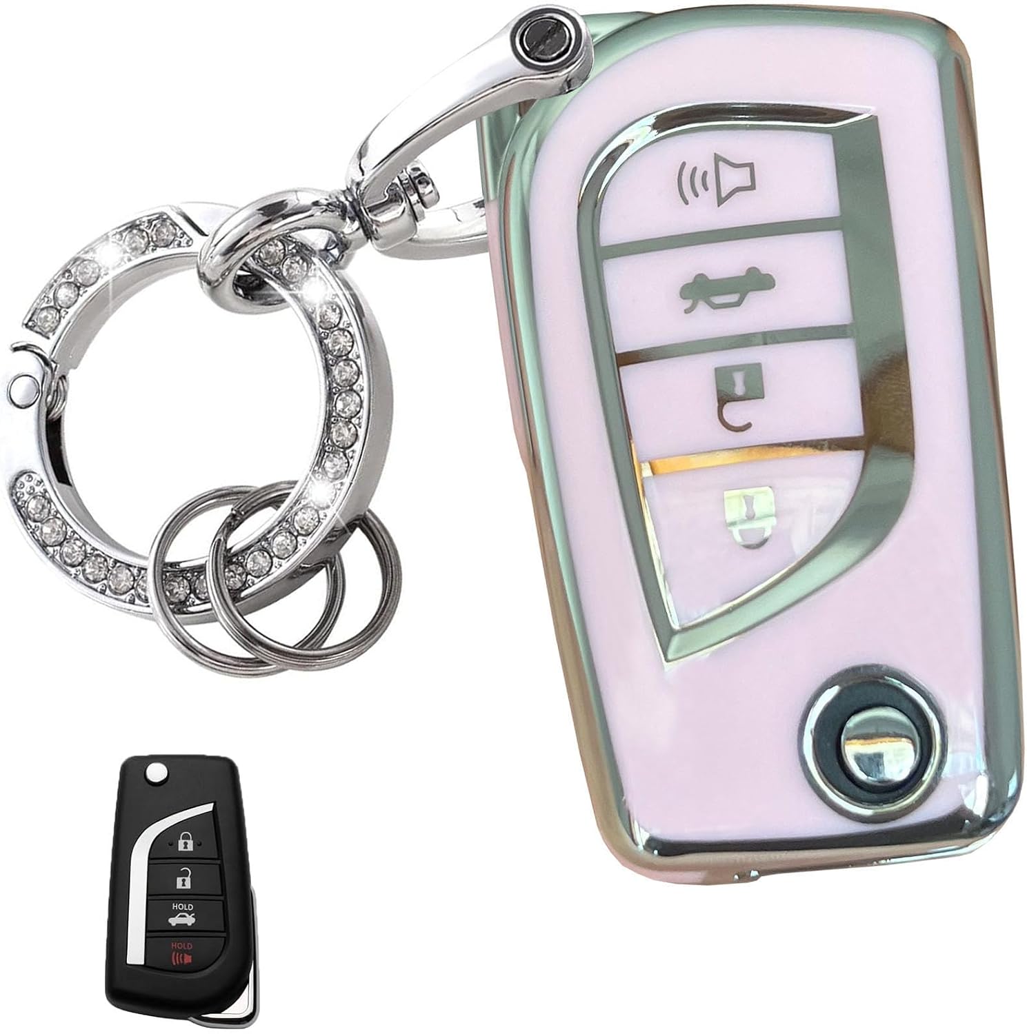 Key Fob Cover for Toyota Fortuner Tundra Camry RAV4 Challenger Replacement for Keyless Entry Remote Key Shell with Keychain (4-Button-Gold-Pink)