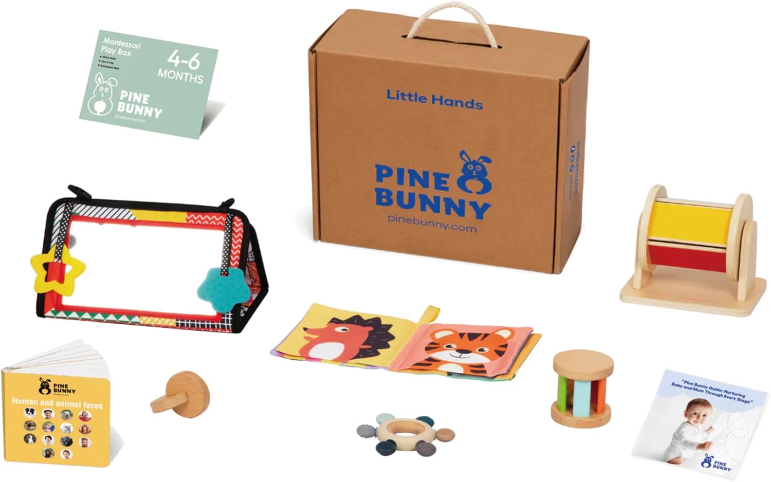 Pine Bunny Montessori Wooden 9-in-1 Toy Set for 4+ Months, Silicone Teether, Interlocking Discs, Mirror Toy, Wooden Bell Cylinder, Cloth Book, Spinning Drum, Educational Learning Sensory Development