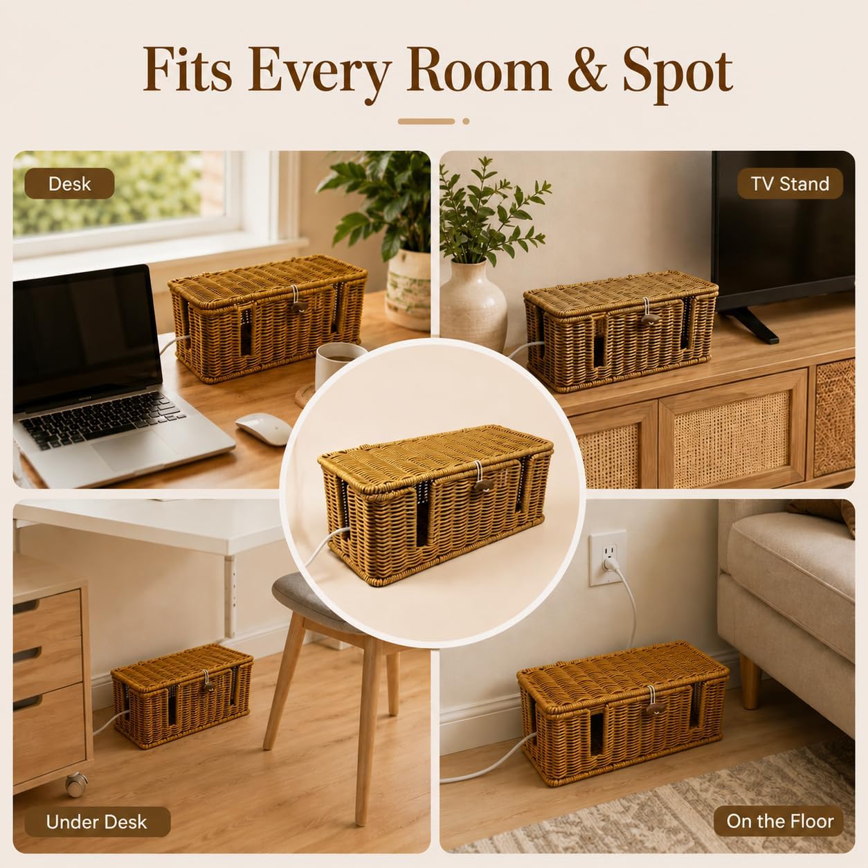 Handmade Rattan Cable Management Box with Lid, Cord Hider Organizer Box with 2 Open Side Slots for Power Strip, Router, USB Hub & Desk Wires, Decorative Storage Basket for Home Office