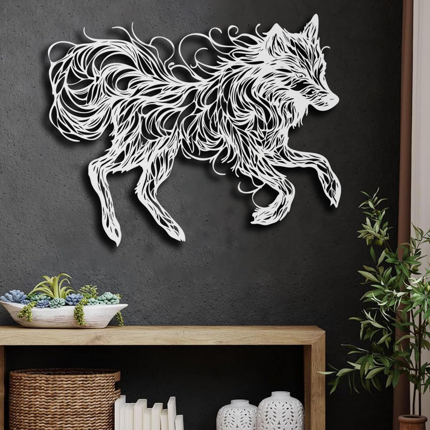 Décoration murale en métal moderne de safari animalier blanc 90x74cm