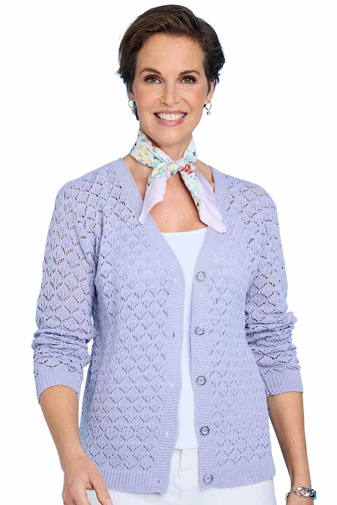 Chums Women's Lavender Pointelle Knit Button-Up Cardigan, Lightweight Summer Sweater 14-16