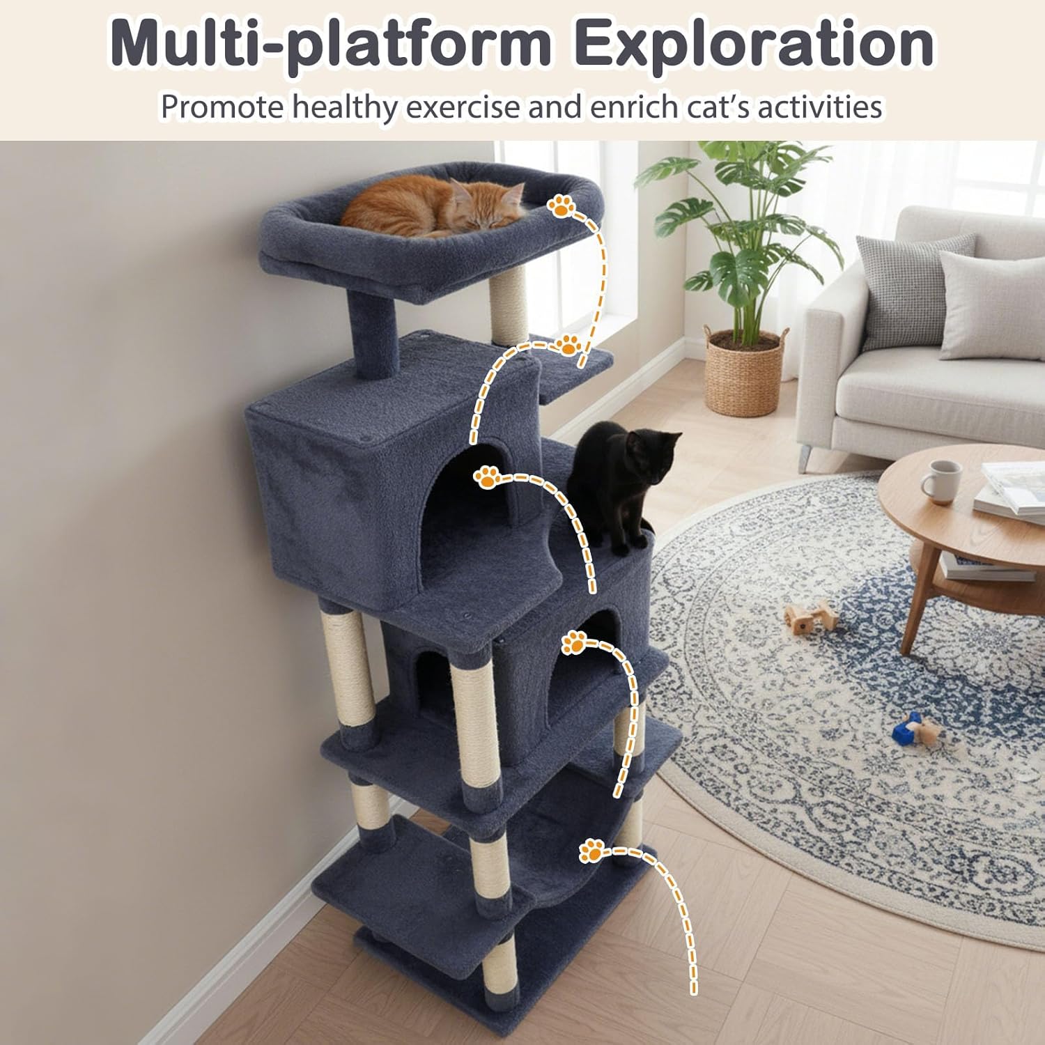 Tangkula 70 Inch Tall Cat Tree, Multi-Level Large Cat Tower with Sisal Scratching Posts, Plush Top Perch, 2 Condos, Hammock, 2 Dangling Balls, Cat Tree Tower for Indoor Cats Large Adults (Dark Grey)