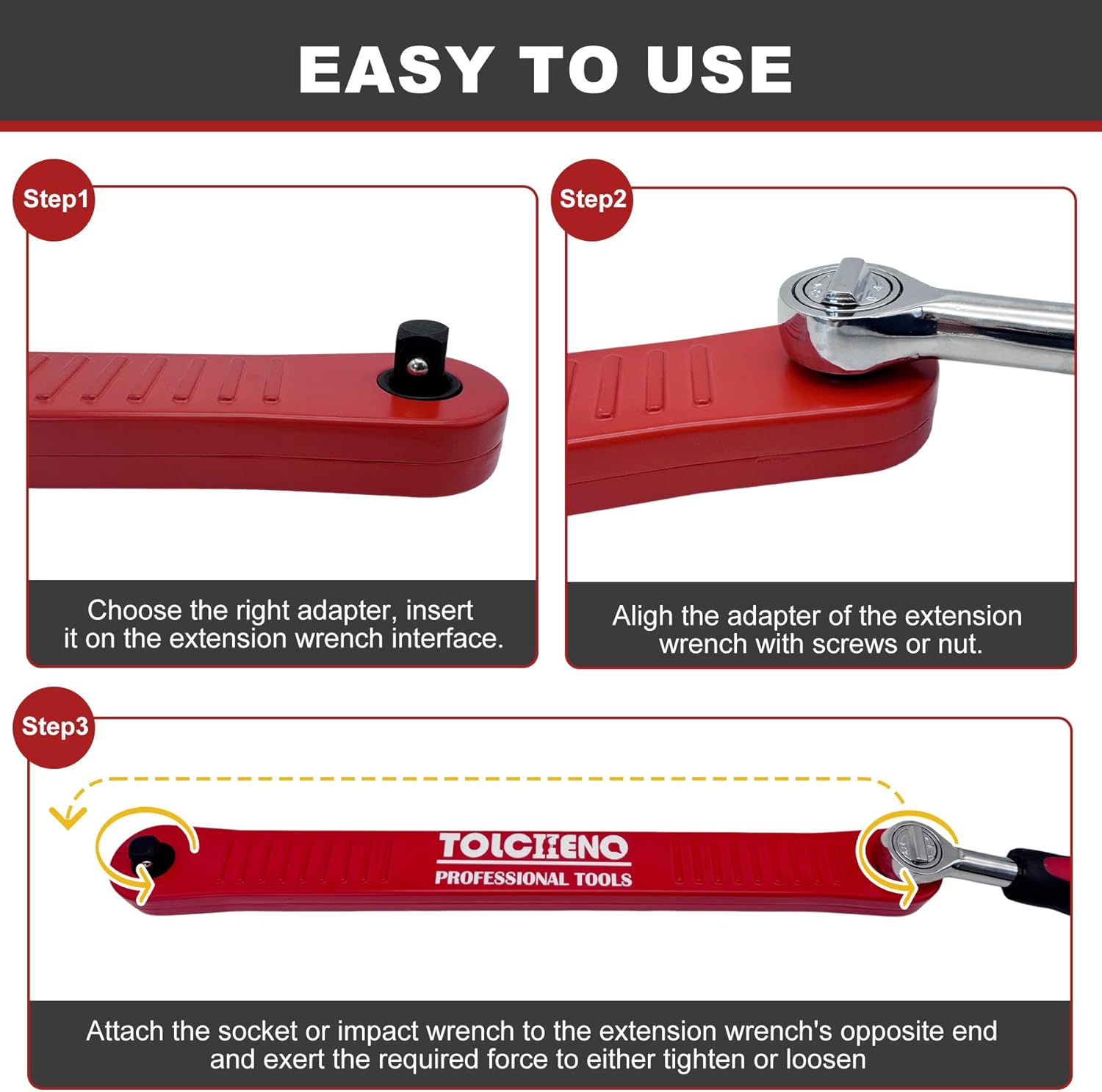 Offset Extension Wrench Set, Pro Zero Offset Extension Wrench Extender Tool with 1/4", 3/8", 1/2" Square Drive Adapters - Universal Extension Wrenches for Tight Spaces (Red)