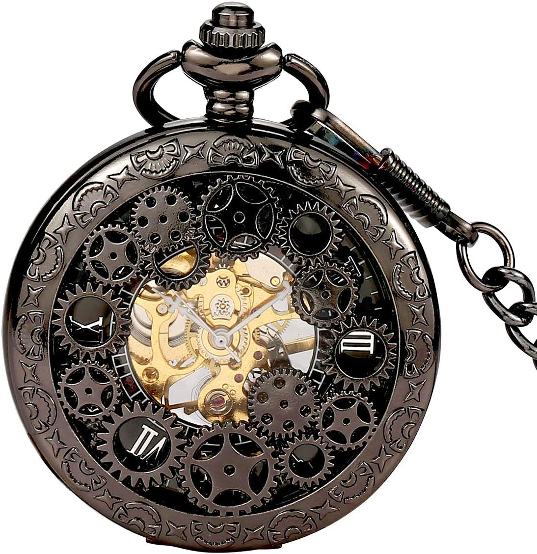 Mens Vintage Skeleton Pocket Watch Steampunk Windup Half Hunter Mechanism Gear Cover with Chain