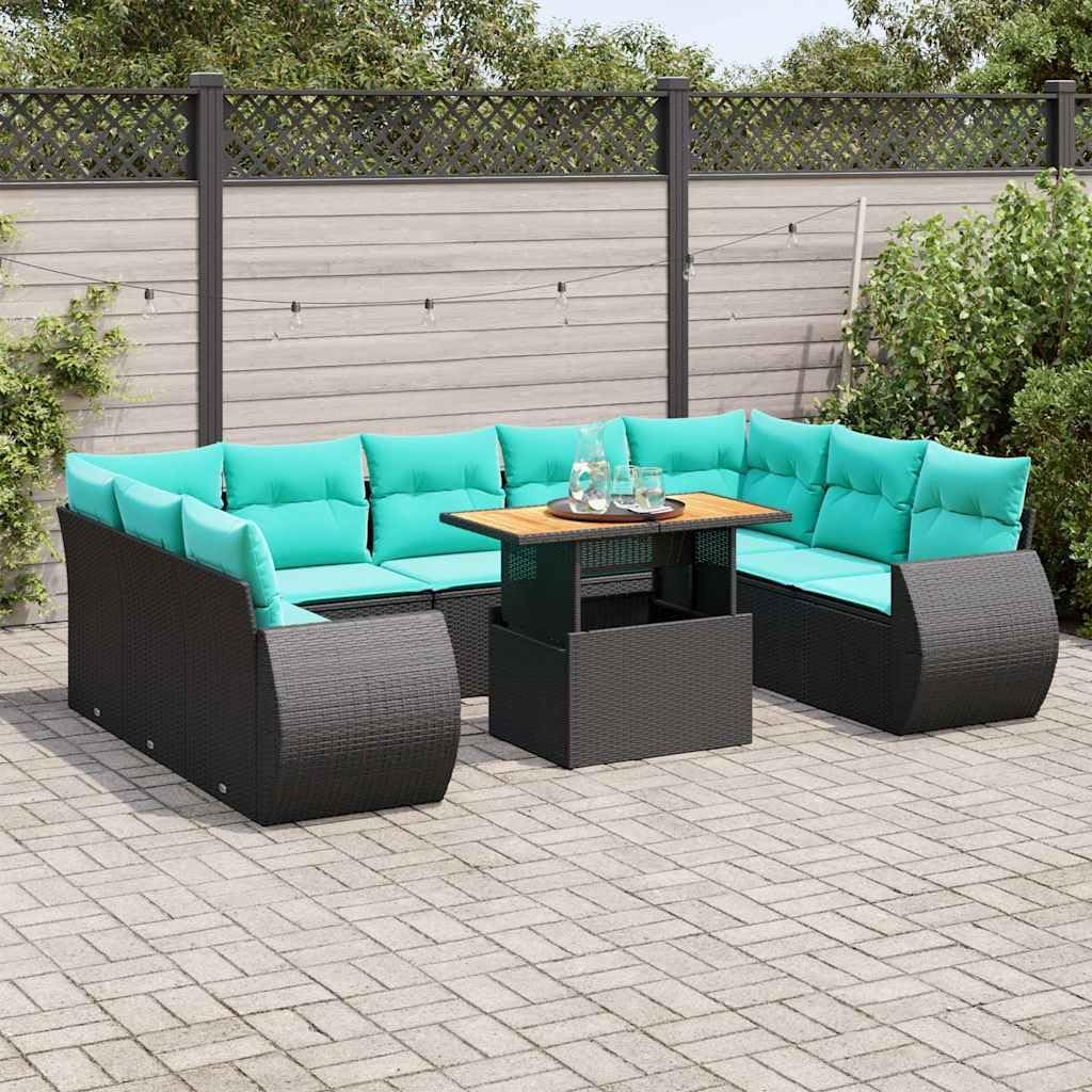 10-tig Patio Sofa Set Black Poly Rattan Cushions Comfortable Inviting Space for Backyard Terrace
