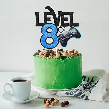 Level 8 Game Birthday Cake Topper - Video Game Boy's 8th Birthday Level Up Party Blue Cake Topper Supplies - Game On Winner Gaming Party Decoration