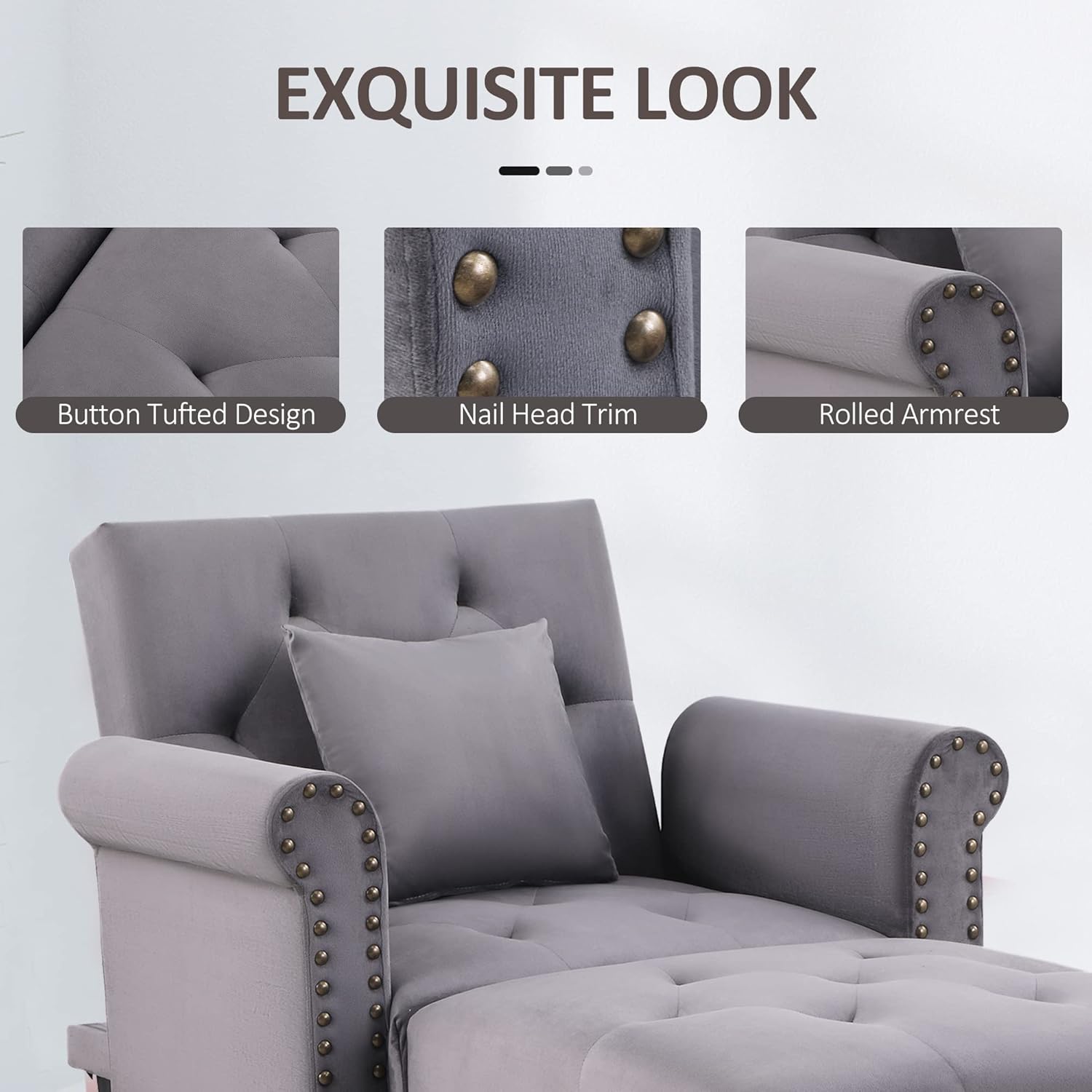 HOMCOM 2-in-1 Chaise Lounge Indoor with Rolled Armrest, Nailhead Trim and Button Tufting, Adjustable Velvet Fabric Upholstered Sofa for Bedroom and Living Room, Grey : Home & Kitchen