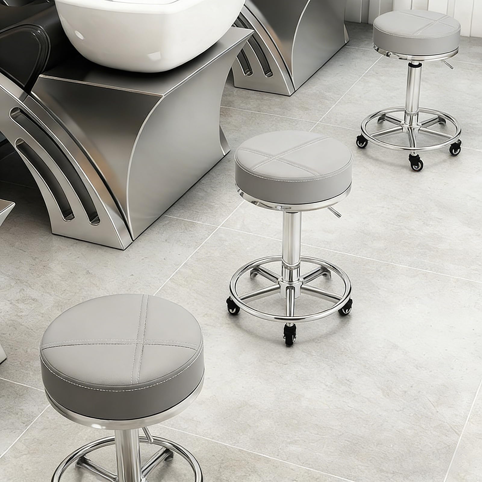 Taburete giratorio con ruedas, taburete redondo ajustable en altura con cojín y ruedas, resistente para spa, salón, masaje, oficina