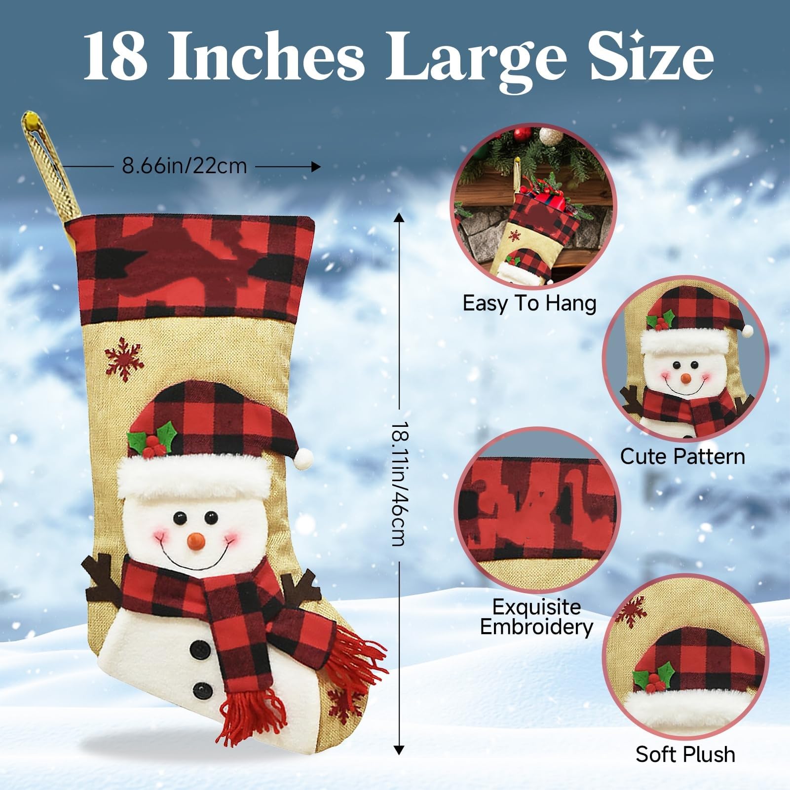 46 cm Große Weihnachtsstrumpf zum Aufhängen & Befüllen - Familie Weihnachtssocken Kinder - Nikolausstiefel Weihnachtsdeko Kamin - 4 Stück