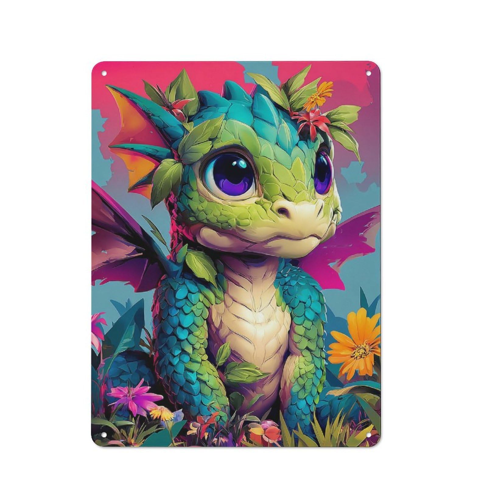 Junmoney Fantasy Dragon In A Garden Of Flowers Office Metal Sign With Design 40X30cm, Classic Study Room Decor For Office, Study, Studio Or Hallway