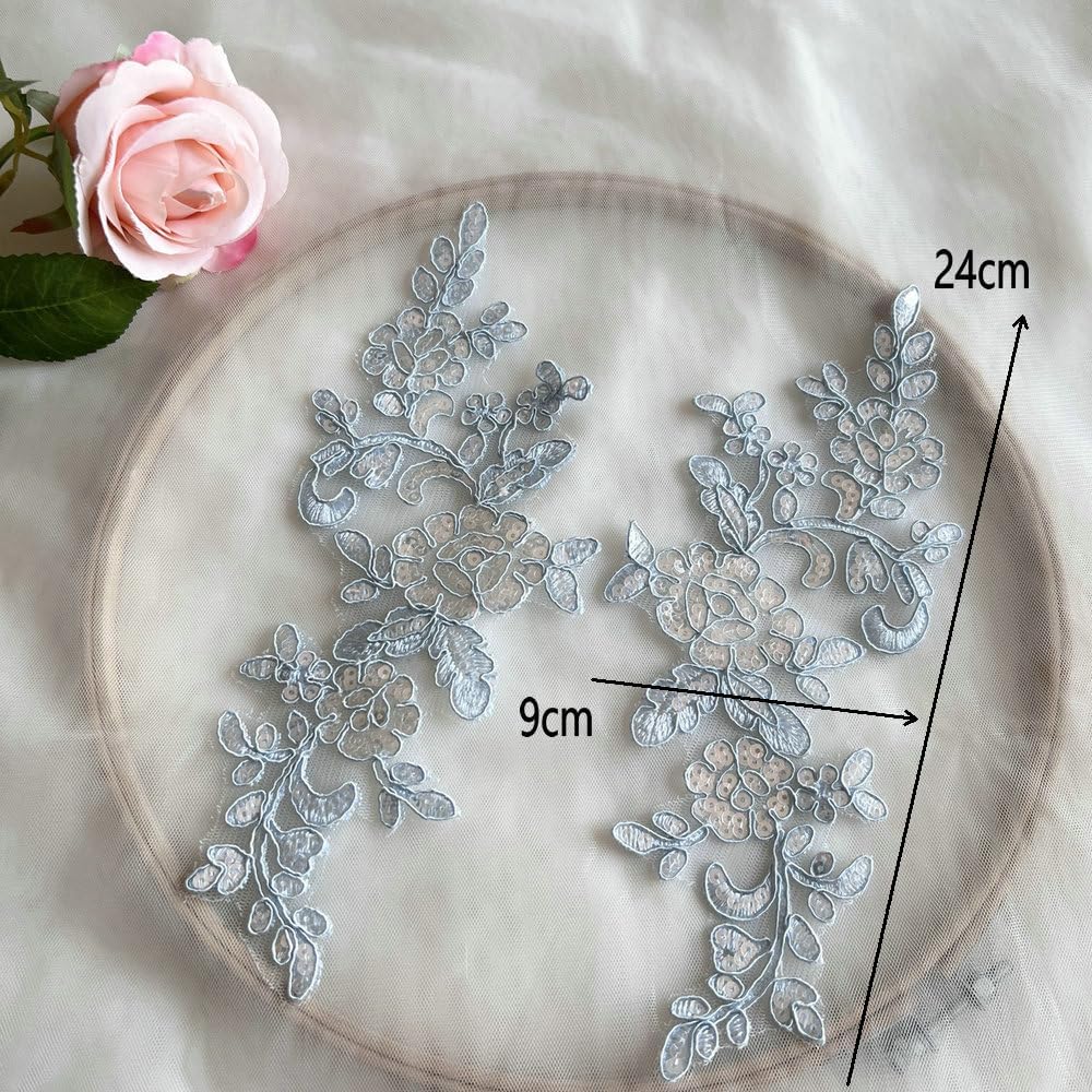 2 Pair Sequin Embroidered Clothing Accessories, Stickers/Wedding Dresses/Formal Dresses/Performance Decorations DIY Materials (Light Blue)