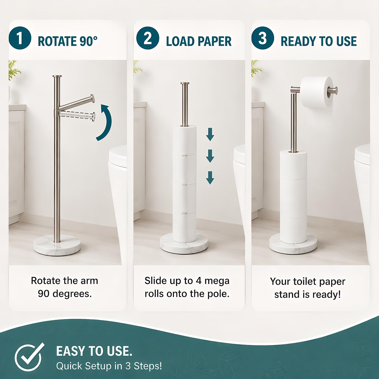 Songtec Toilet Paper Holder Stand, Free Standing Tissue Roll Holder, Heavy Natural Marble Base, Sturdy for 5 Toilet Paper Rolls (Marble Base, Brushed Nickel) — Amazon image 3