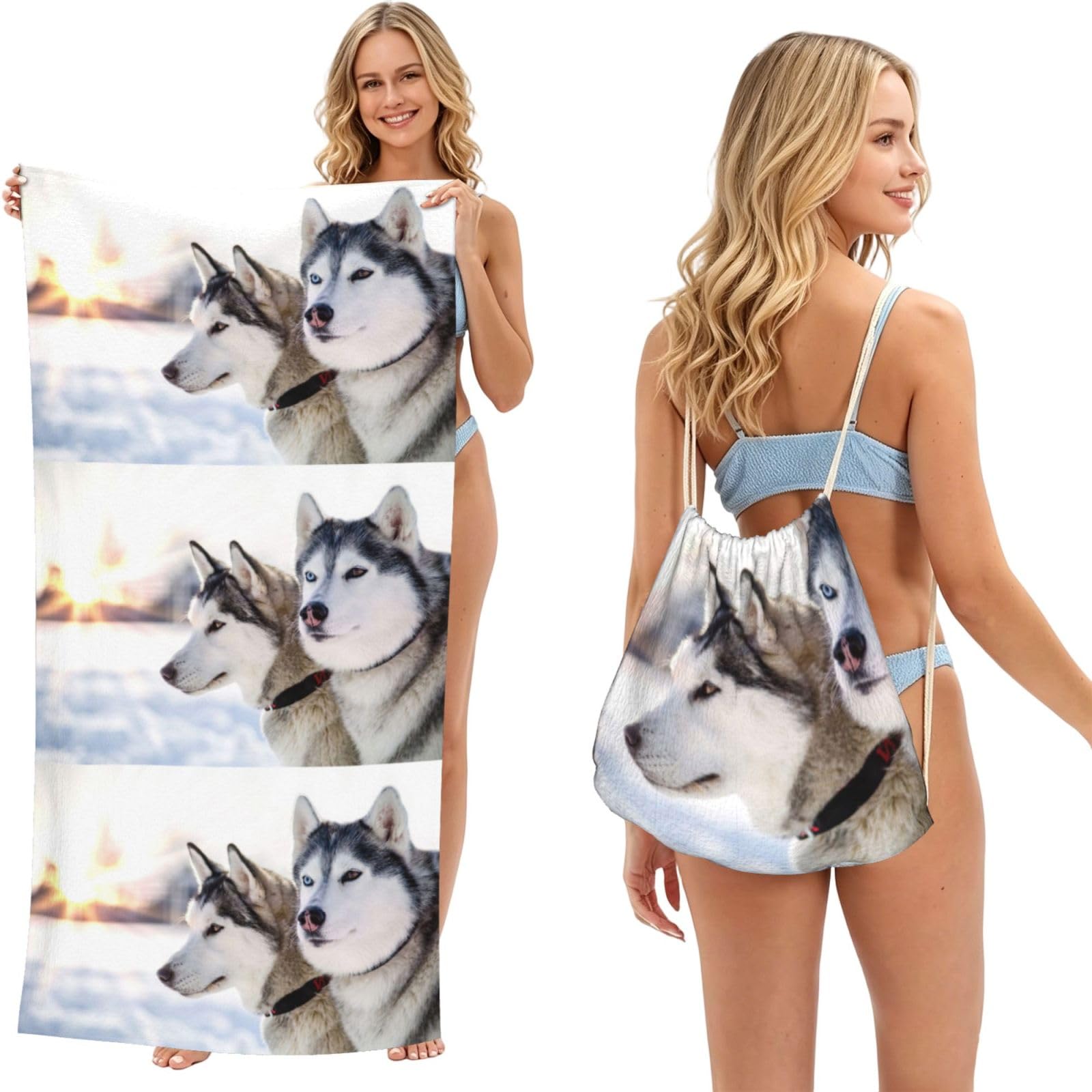 Poadnly As Picture Two Siberian Husky Dogs, 2 In 1 Packable Towel Bag, Beach Towels With Drawstring Backpack For Travel Holiday Camping