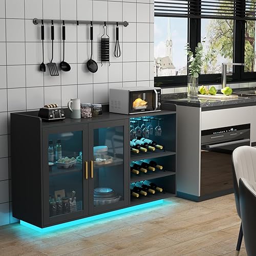 Miniatura 8 de Gabinete de barra de vino Loomie con luces LED, barra de café flotante con estante de vidrio y estantes de vino removibles, aparador buffet moderno
