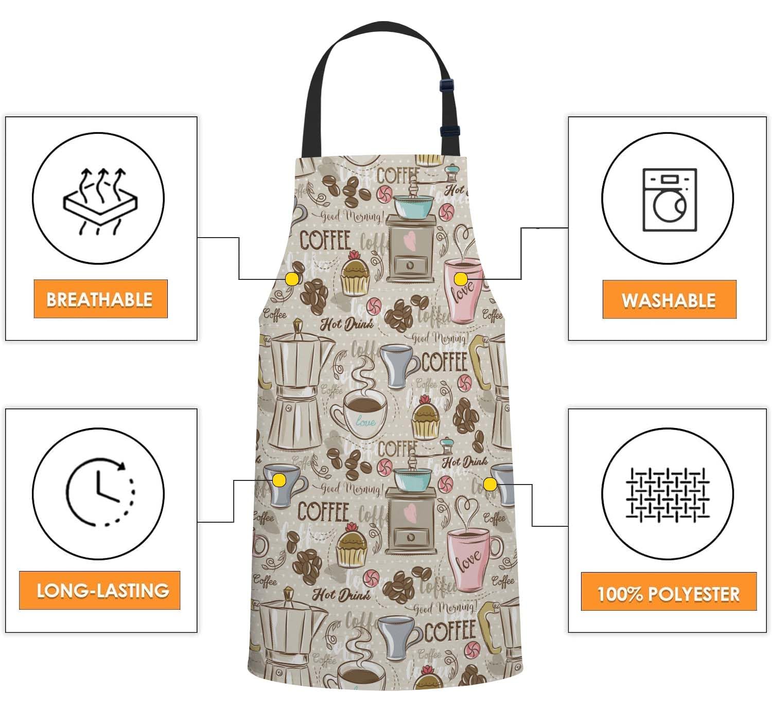 Smooffly Coffee Set Patterns Apron Adjustable Bib Chef Aprons Cooking Apron Unisex Women Men Aprons Perfect for Home Kitchen Baking - Image 4