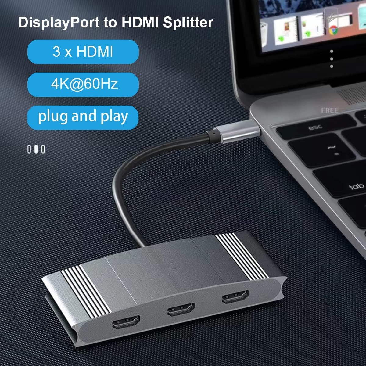 WJESOG DisplayPort to 3 HDMI Splitter, DP 1.4 to HDMI Multi Monitor 3 Port Support Dual 4K@60Hz Compatible Windows and Mac OS