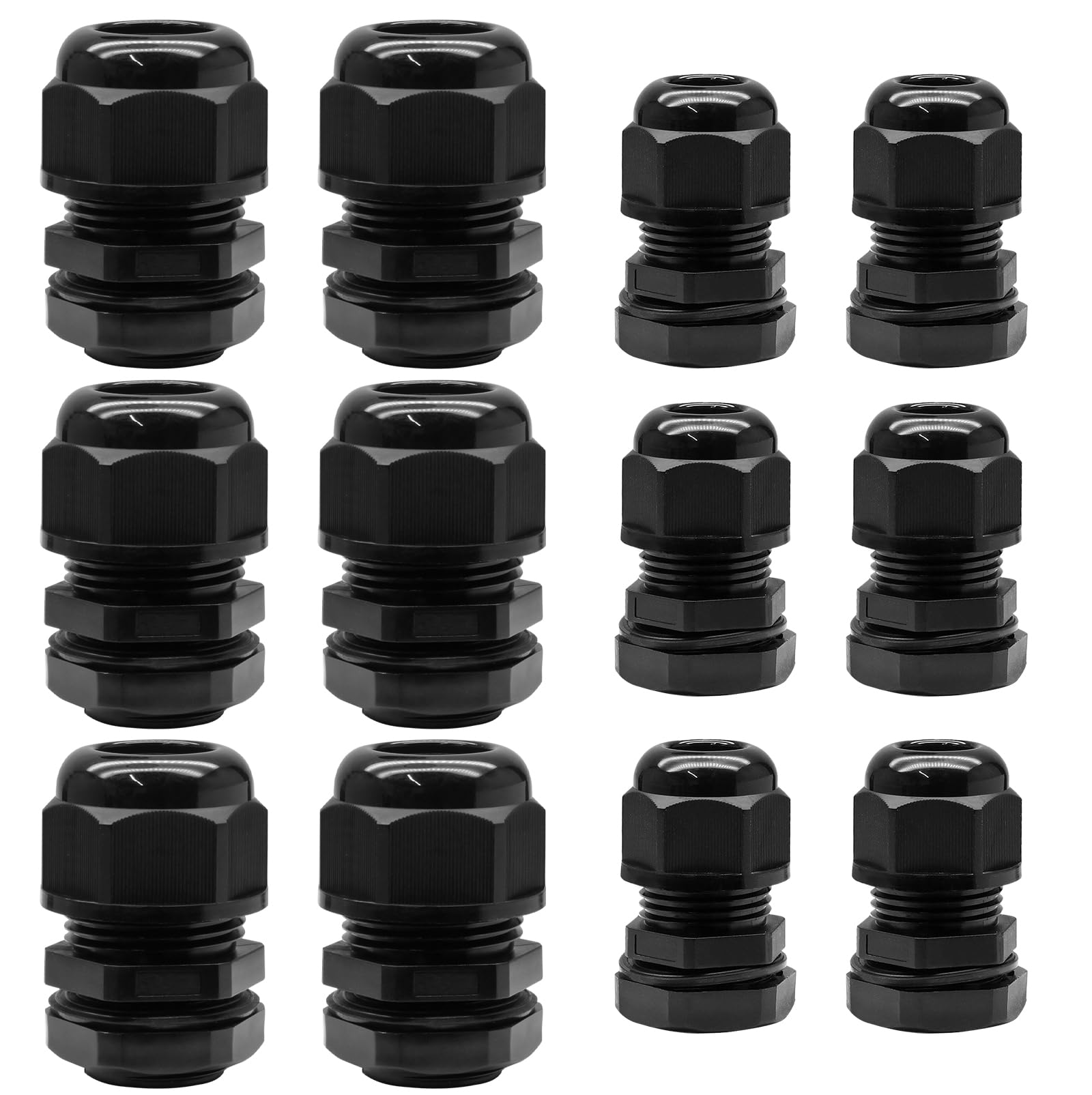 Kyuionty 12 Pcs Nylon Cable Glands, Black Strain Relief Cable Cord Connector IP68 Waterproof Junction Box Wire Protectors Adjustable (6 Pcs 3/4" NPT +